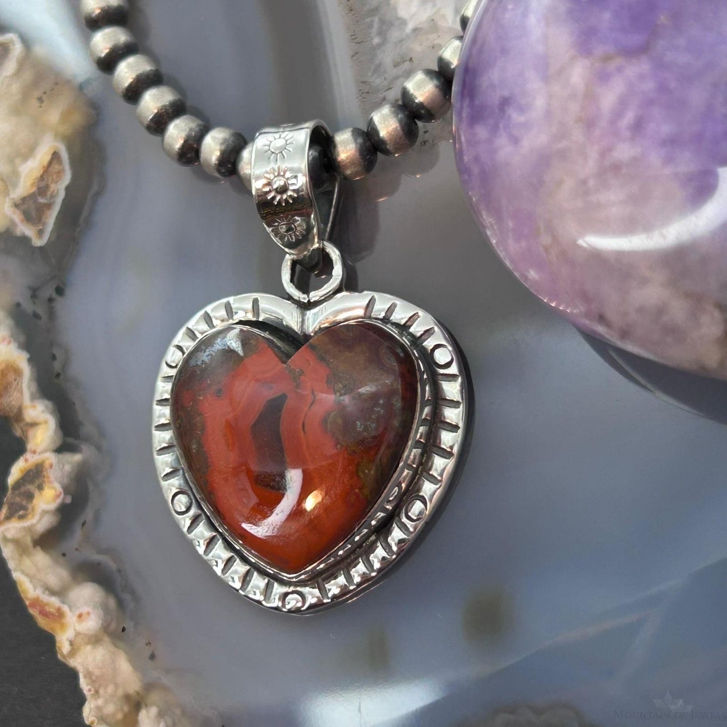 Sterling Silver Southwestern Style Seam Agate Heart Decorated Pendant For Women