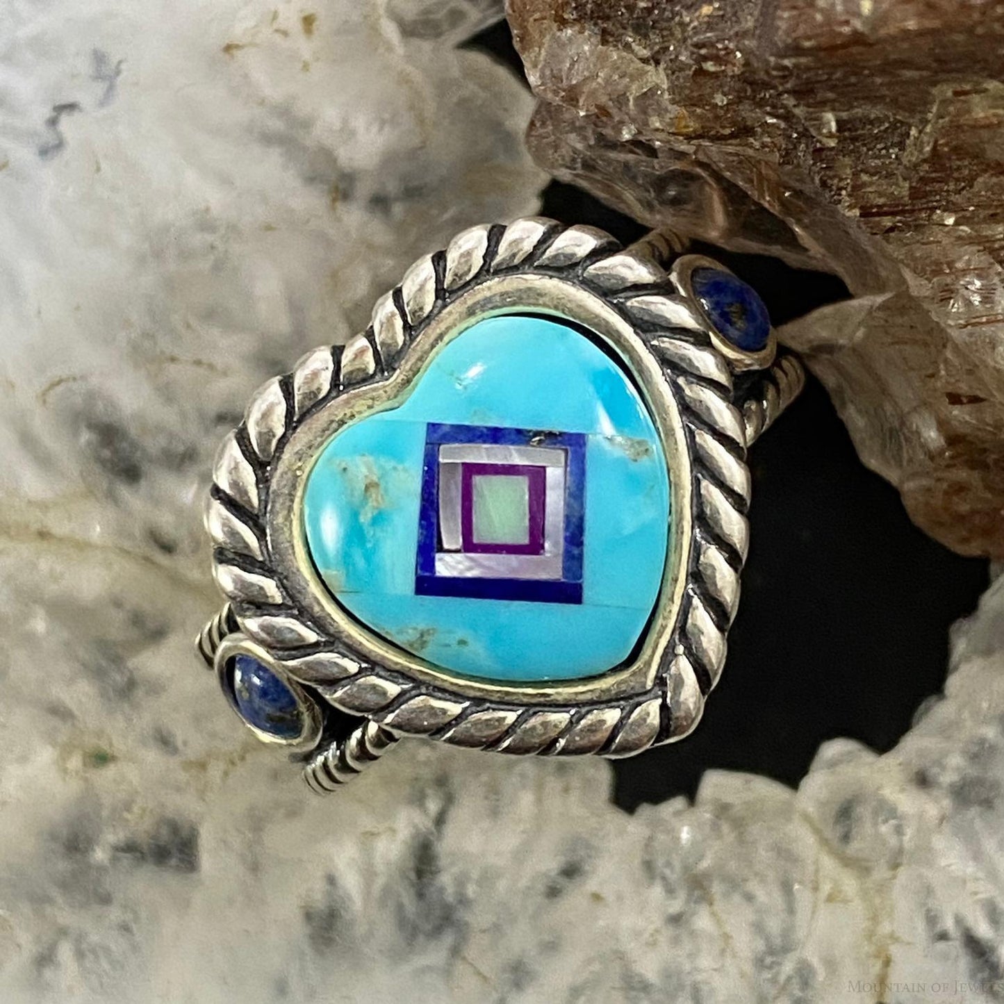 Carolyn Pollack Sterling Silver Turquoise Heart w/Inlay Decorated Ring Size 6, 8