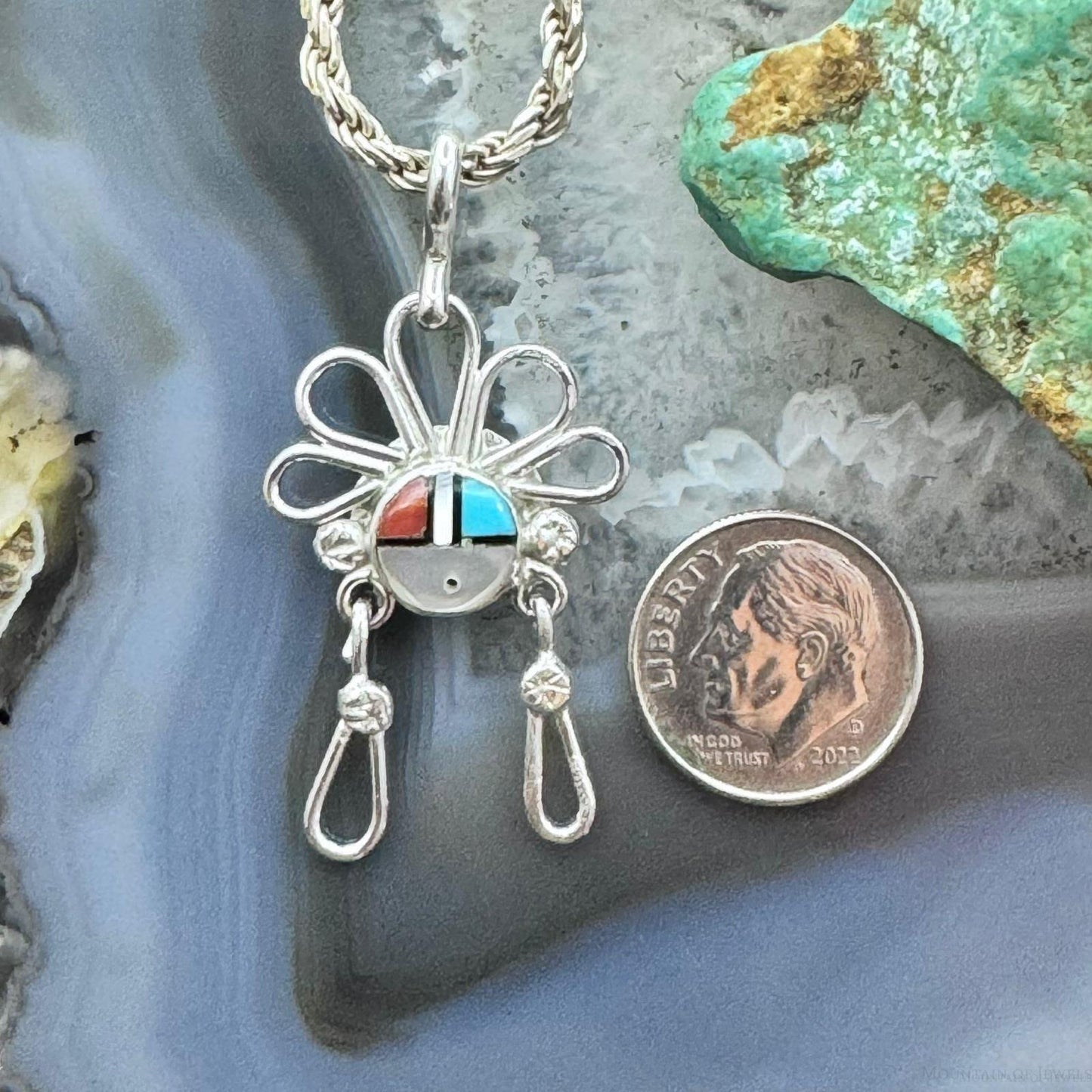 Ola Eriacho Zuni Sterling Silver Multistone Inlay Sunburst Pendant For Women