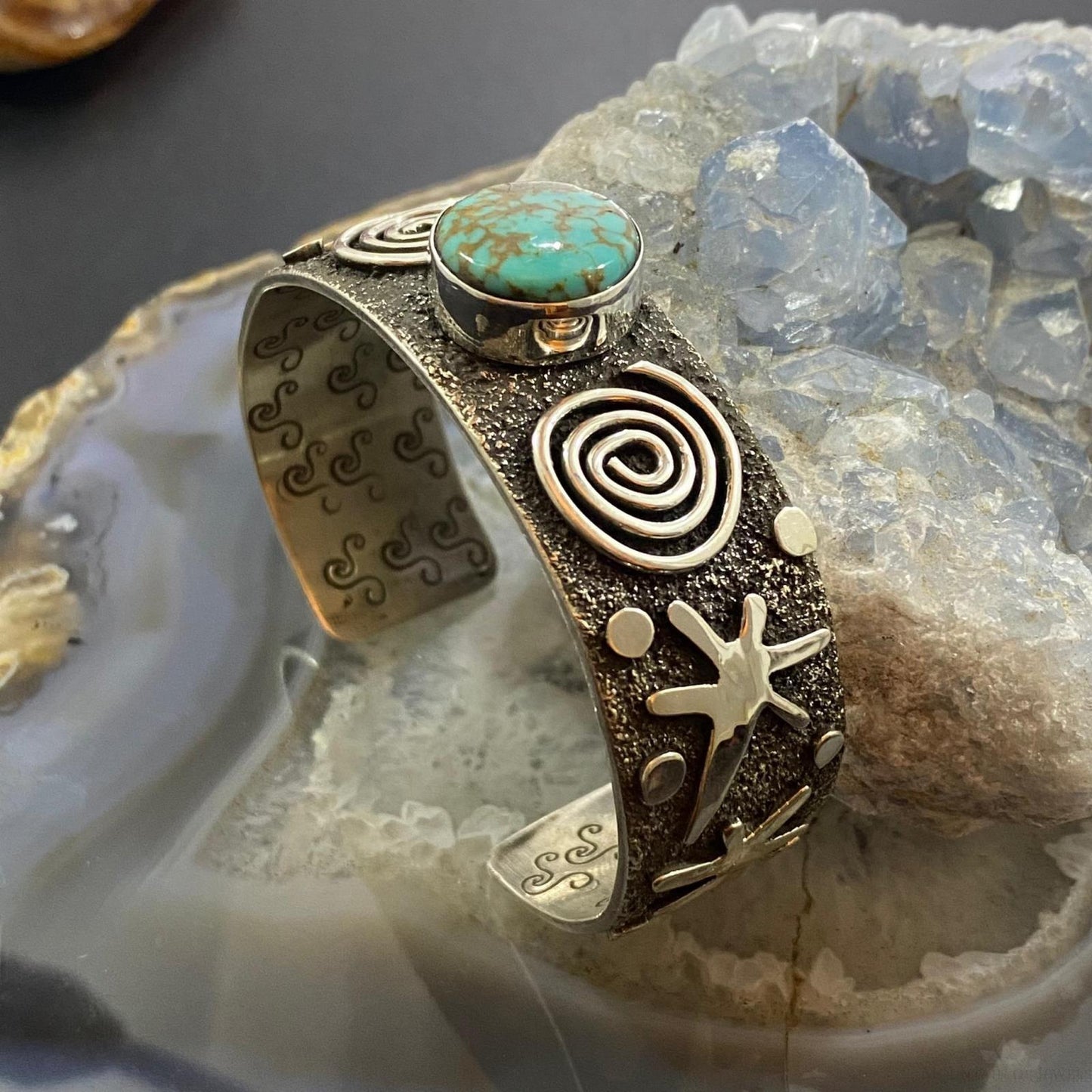 Alex Sanchez Native American Sterling Silver Turquoise Petroglyph Bracelet #5