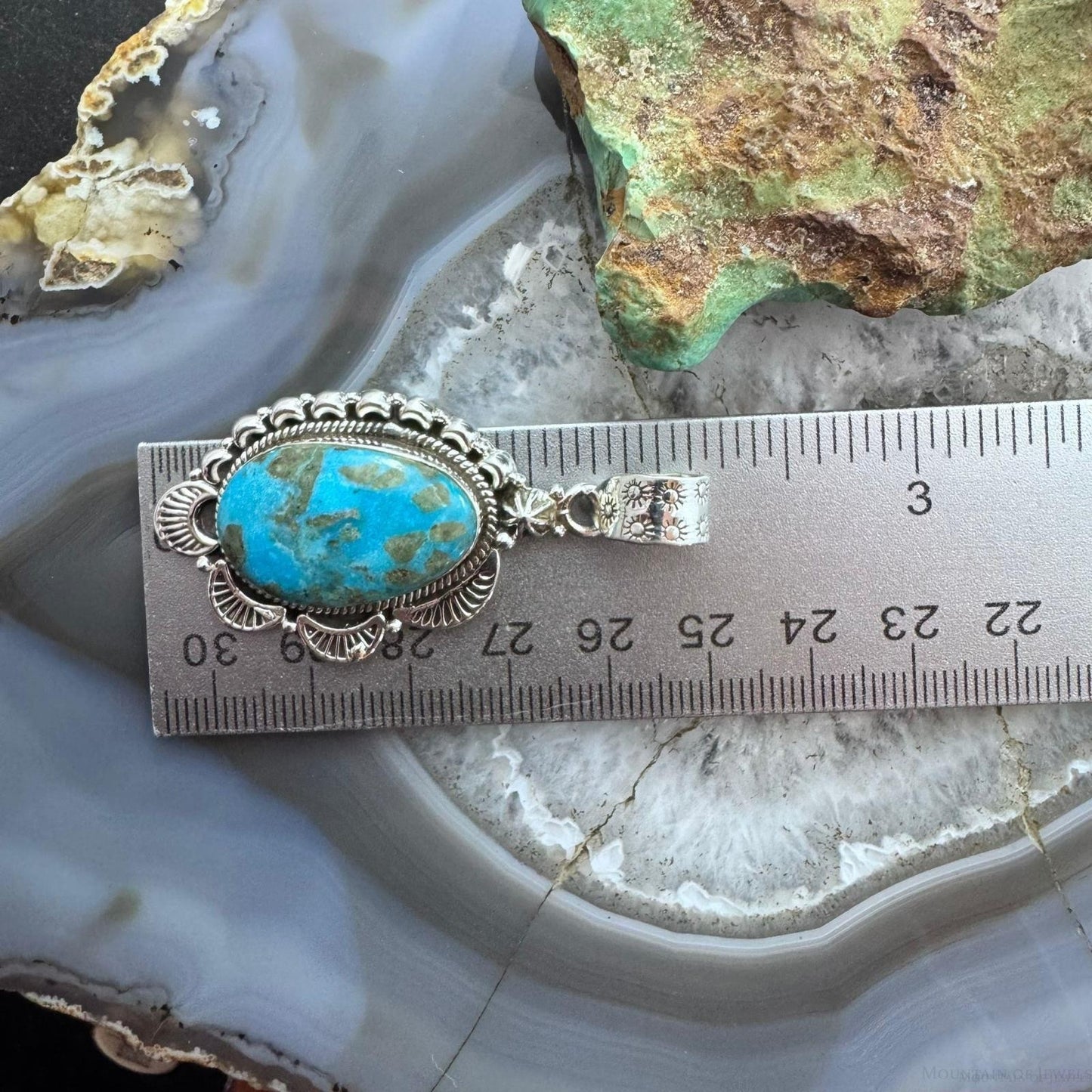 Sterling Silver Southwestern Style Large Turquoise Decorated Pendant For Women