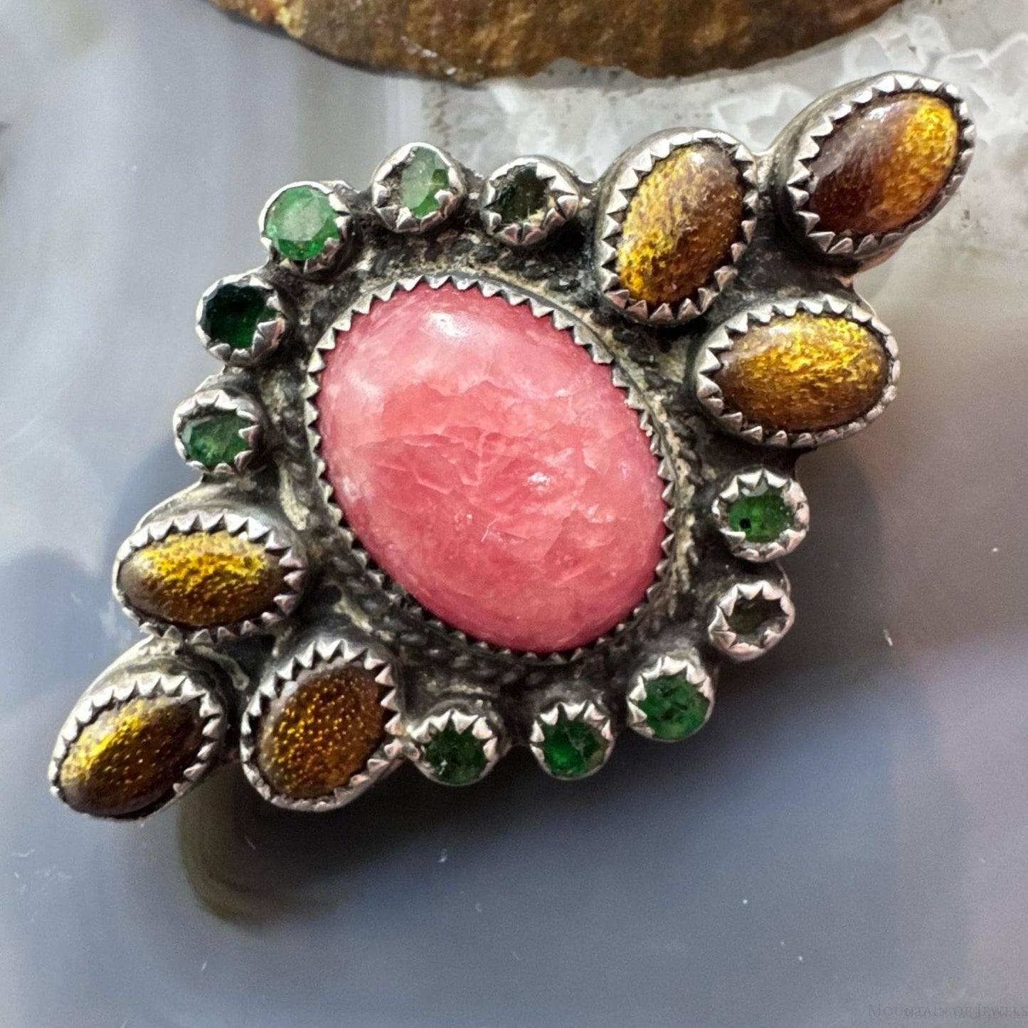 Ron Wesley Vintage Sterling Silver Southwestern Multi Gemstones Brooch For Women