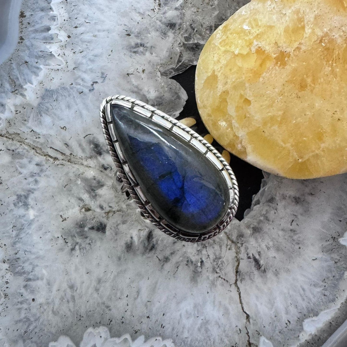 Sterling Silver Southwestern Style Teardrop Labradorite Ring Size 7 For Women