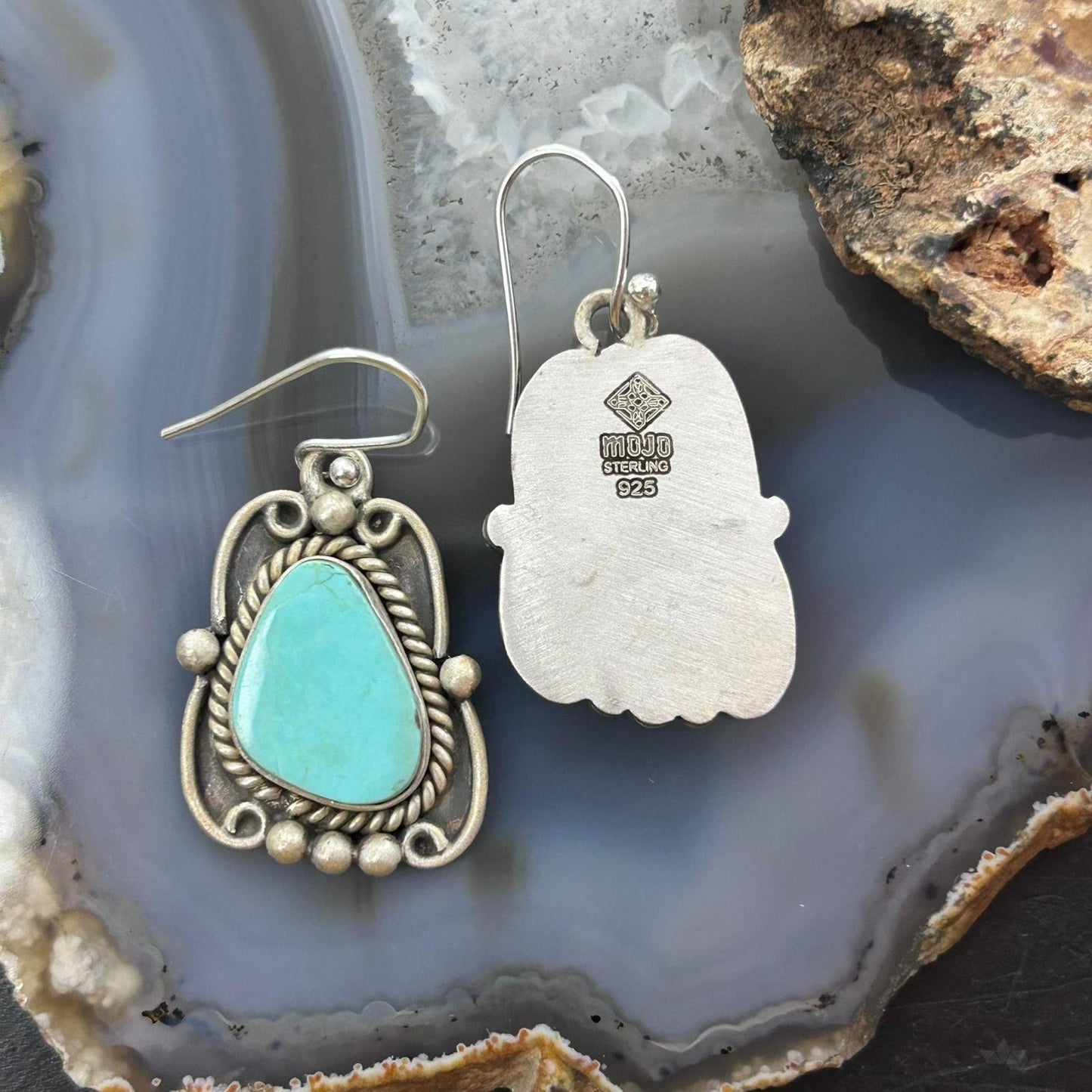 Sterling Silver Southwestern Style Turquoise Decorated Dangle Earrings For Women #1