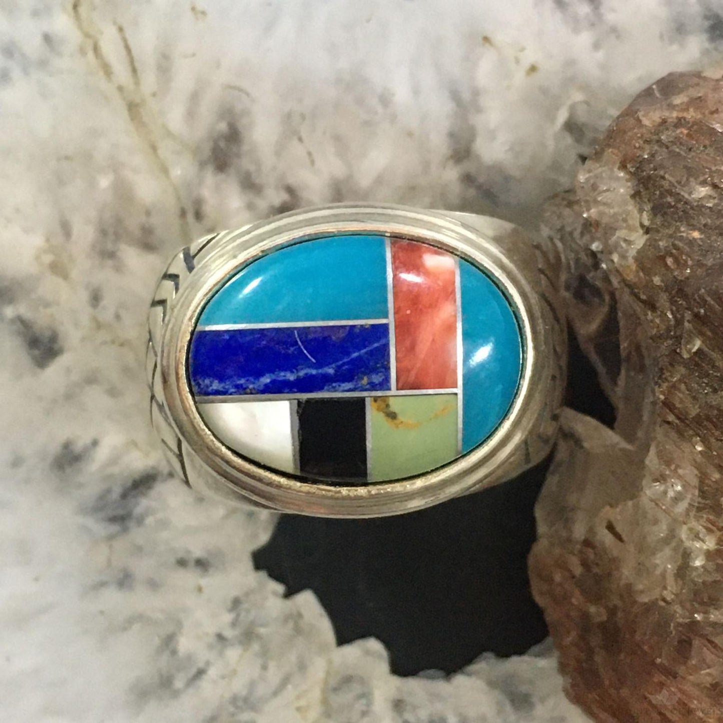 Carolyn Pollack Vintage Sterling Silver Oval Multi-gemstone Inlay Shield Ring For Women