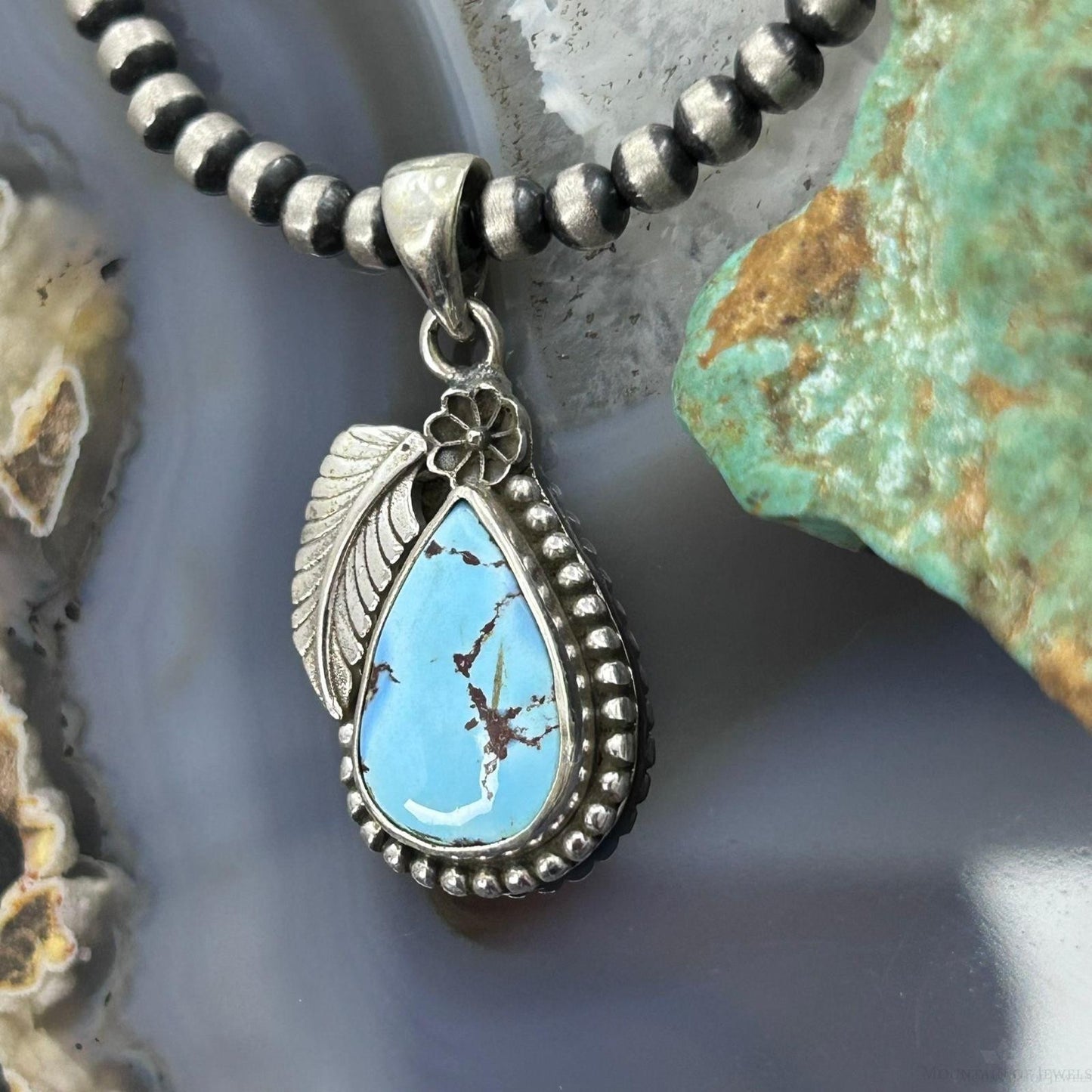 Sterling Silver Southwestern Style Teardrop Golden Hill Turquoise Leaves Pendant For Women #2