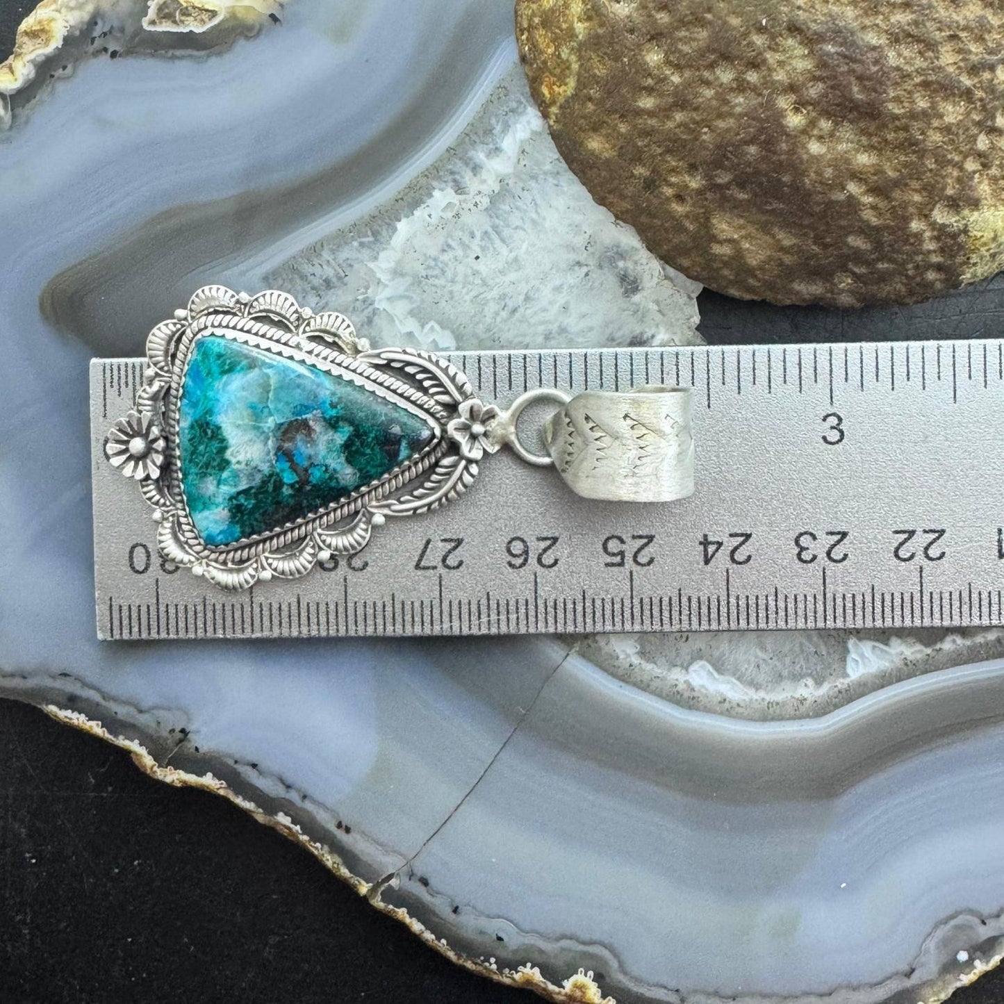Sterling Silver Southwestern Style Triangular Shattuckite Decorated Pendant For Women