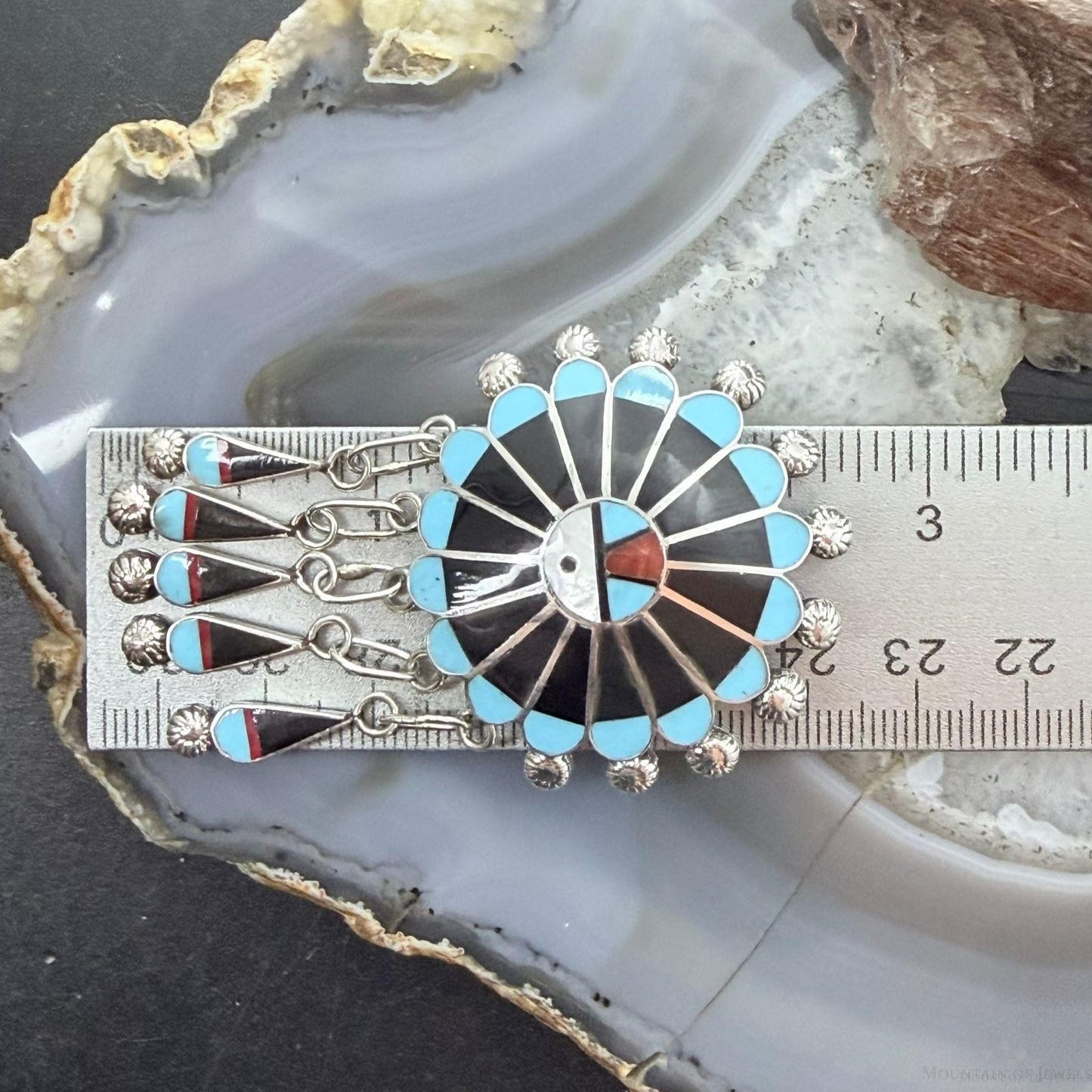 Abel Soseeah Native American Sterling Silver Zuni Inlay Sunface Pendant/Brooch For Women