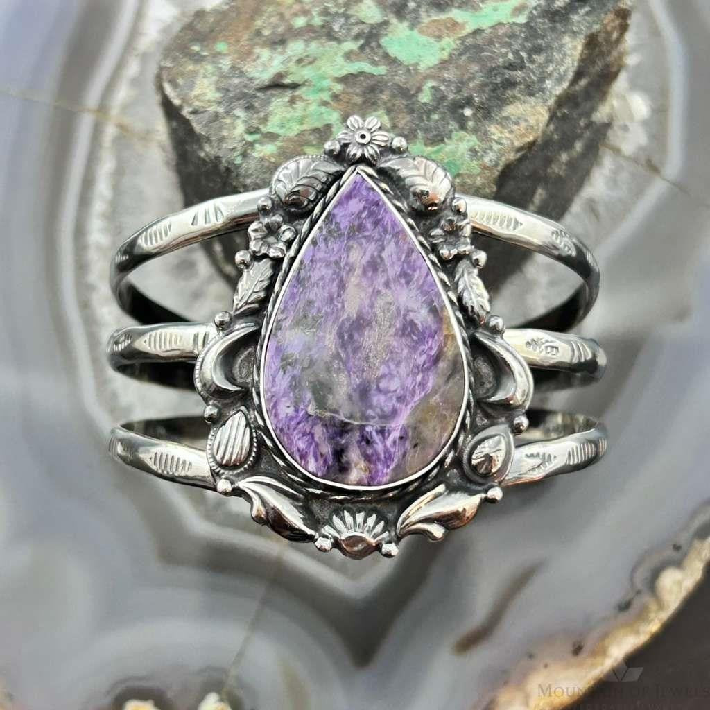 Sterling Silver Southwestern Style Teardrop Charoite Decorated Bracelet For Women