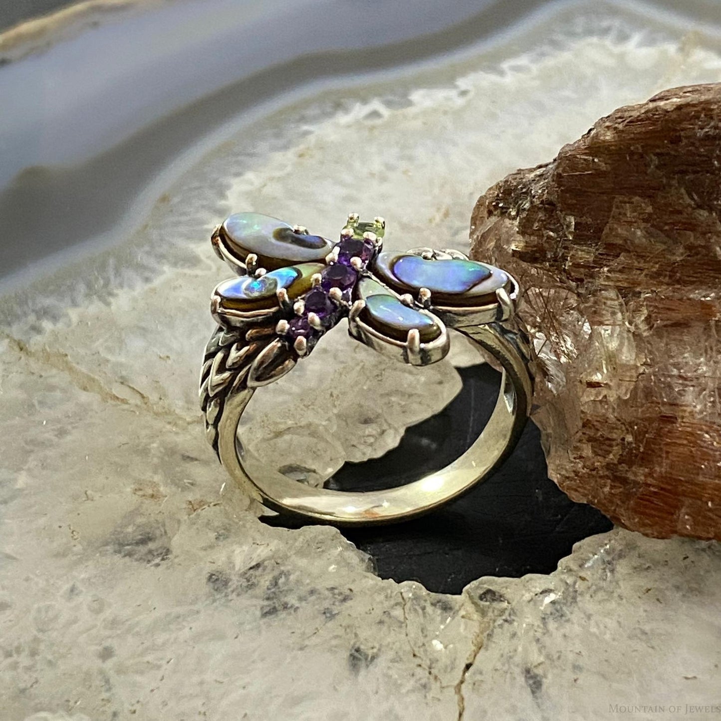 Carolyn Pollack Southwestern Style Sterling Silver Abalone, Amethyst & Peridot Dragonfly Ring For Women