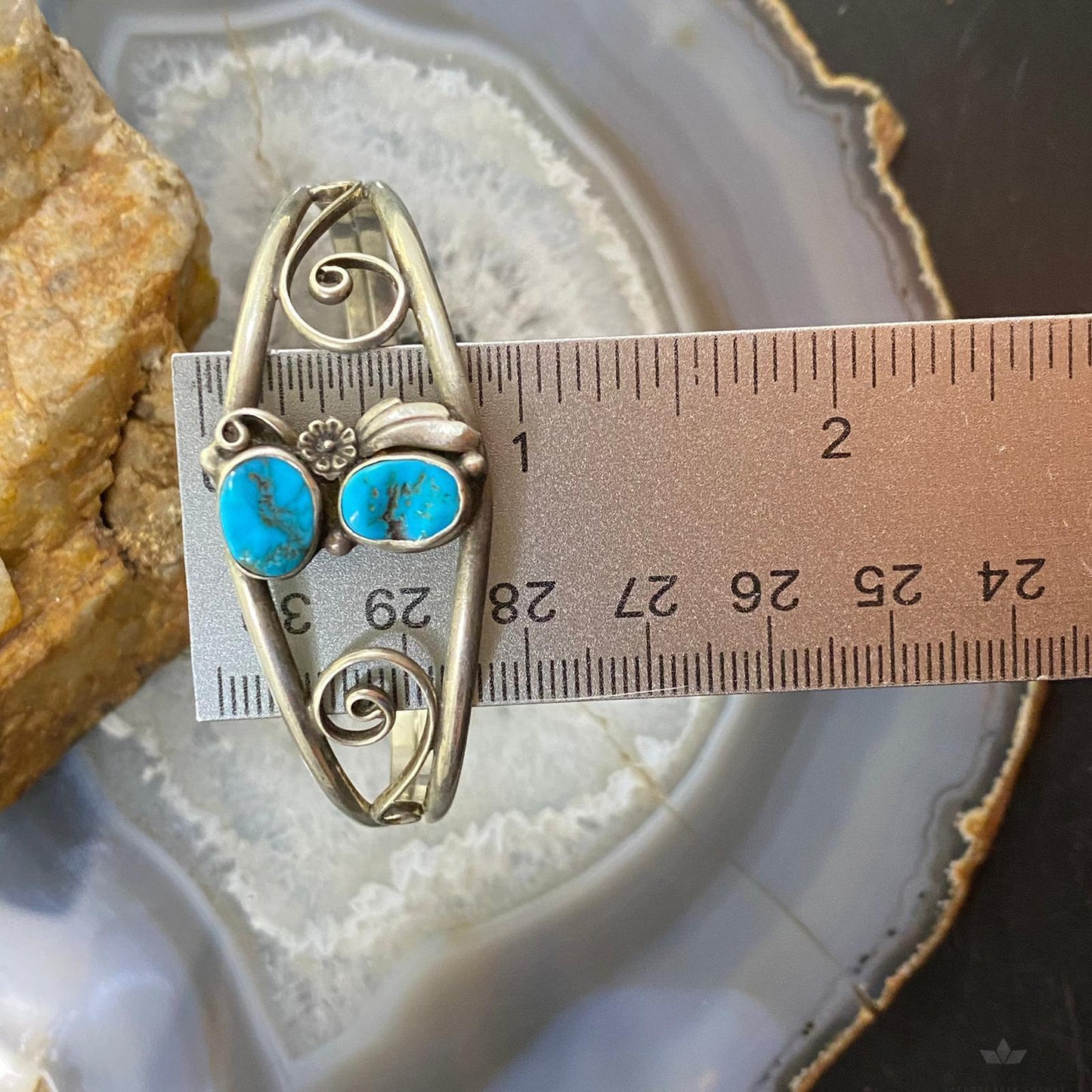 Vintage Native American Silver 2 Oval Kingman Turquoise Decorated Bracelet