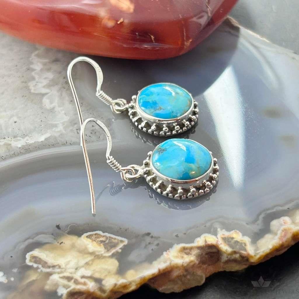 Sterling Southwestern Style Round Mojave Turquoise Dangle Earrings For Women