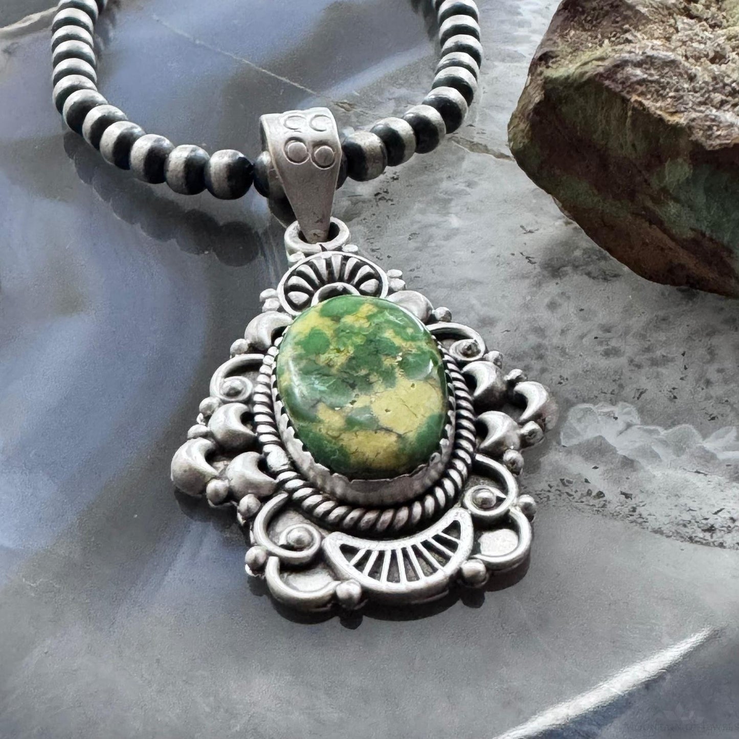 Sterling Silver Southwestern Style Oval Sonora Gold Turquoise Decorated Pendant For Women