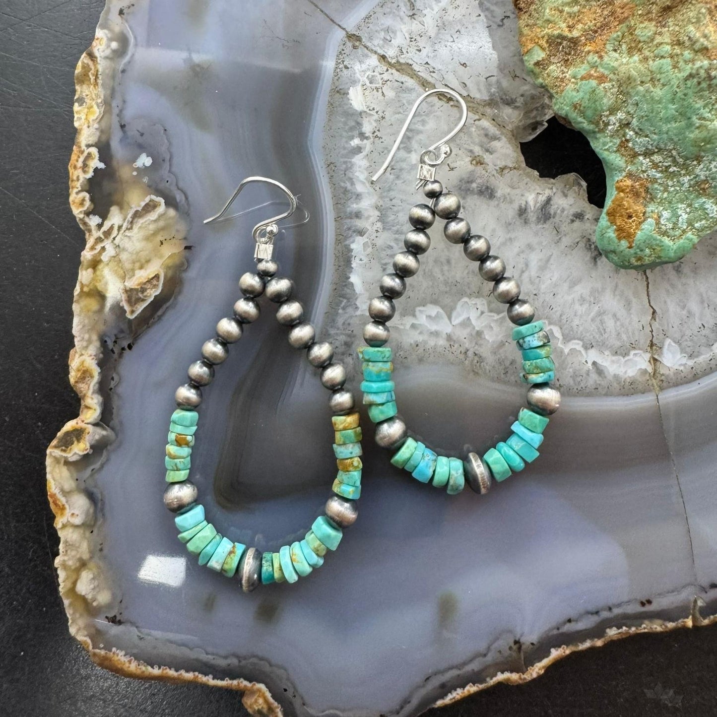 Sterling 4-6mm Navajo Pearl Southwester Style & 5mm Turquoise Bead Hoop Earrings For Women