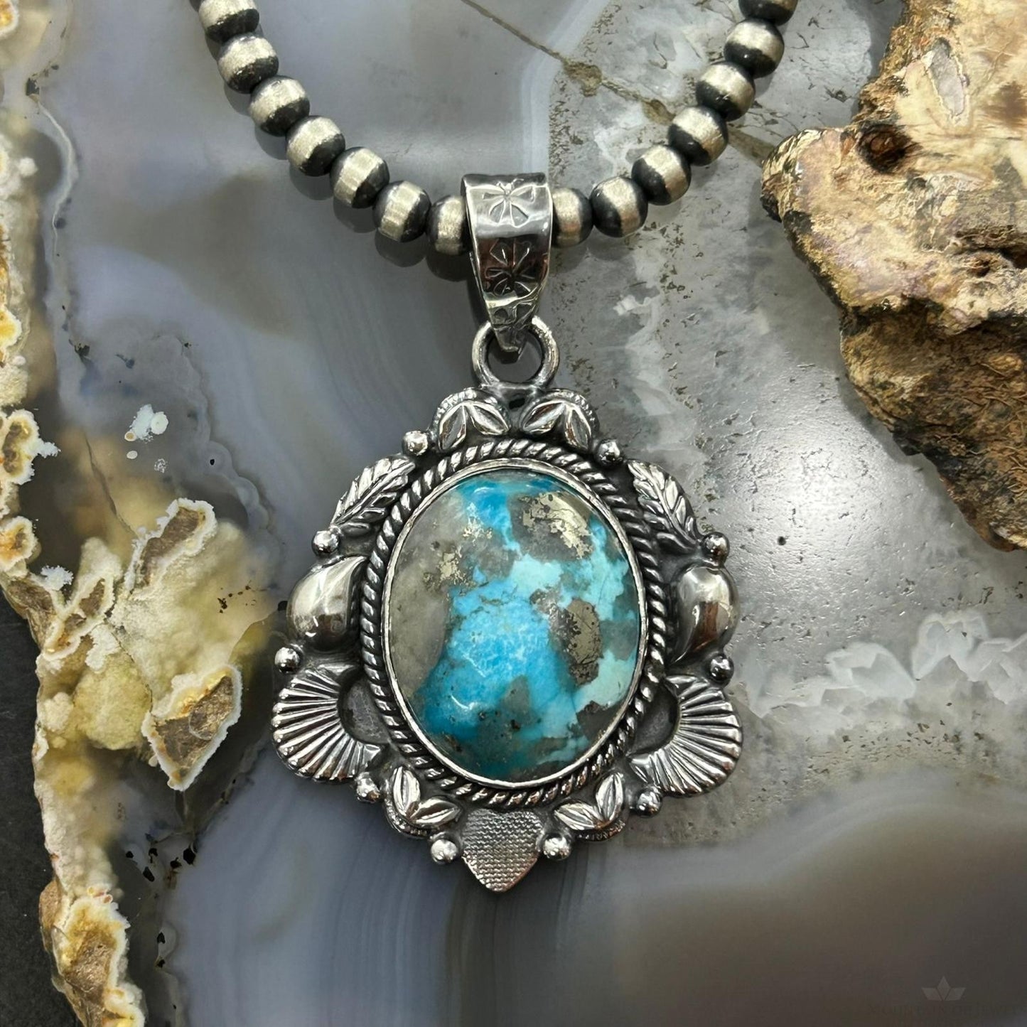 Sterling Silver Southwestern Style Oval Turquoise Decorated Pendant For Women #6