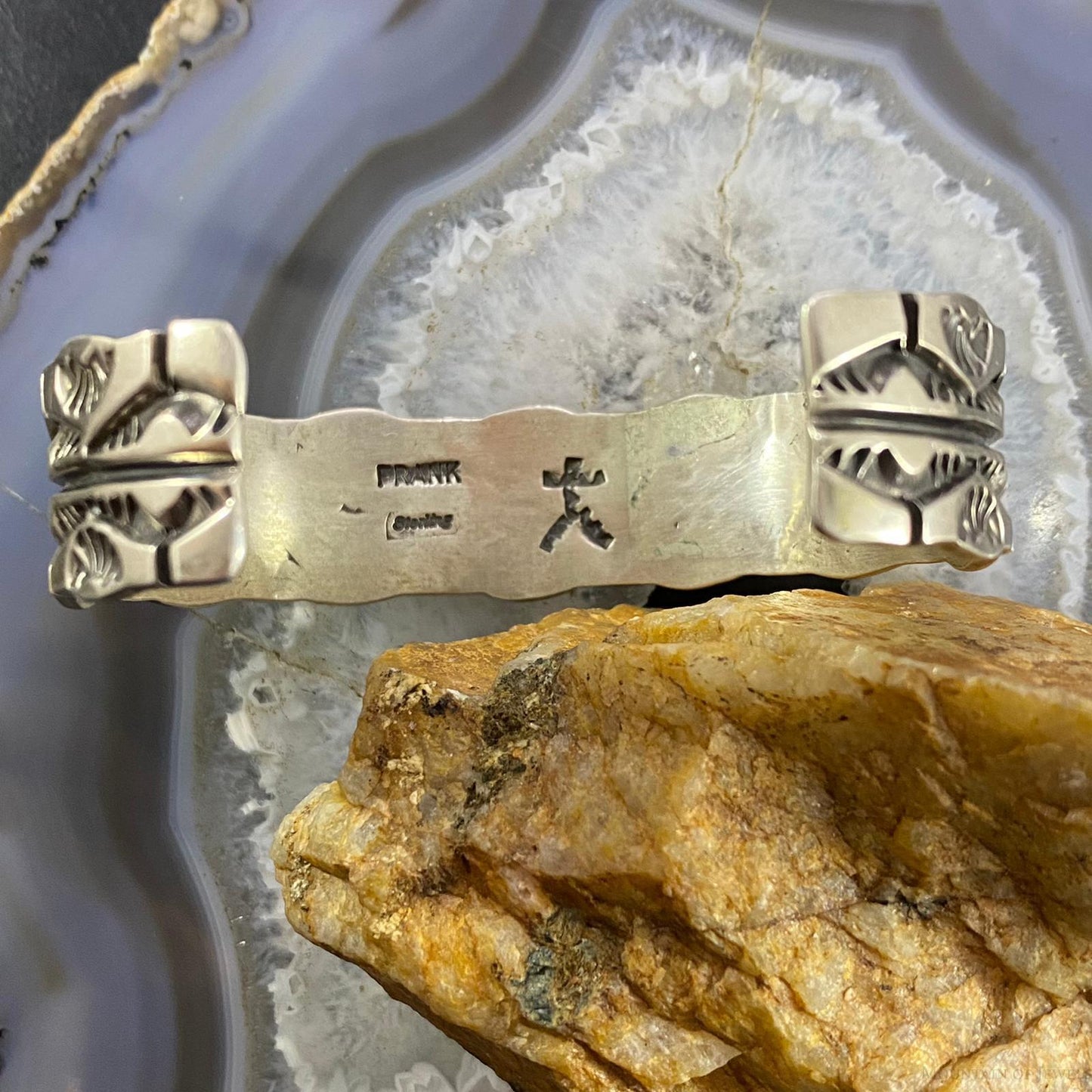 Signed Frank Native American Sterling Silver Stamped Bracelet For Men