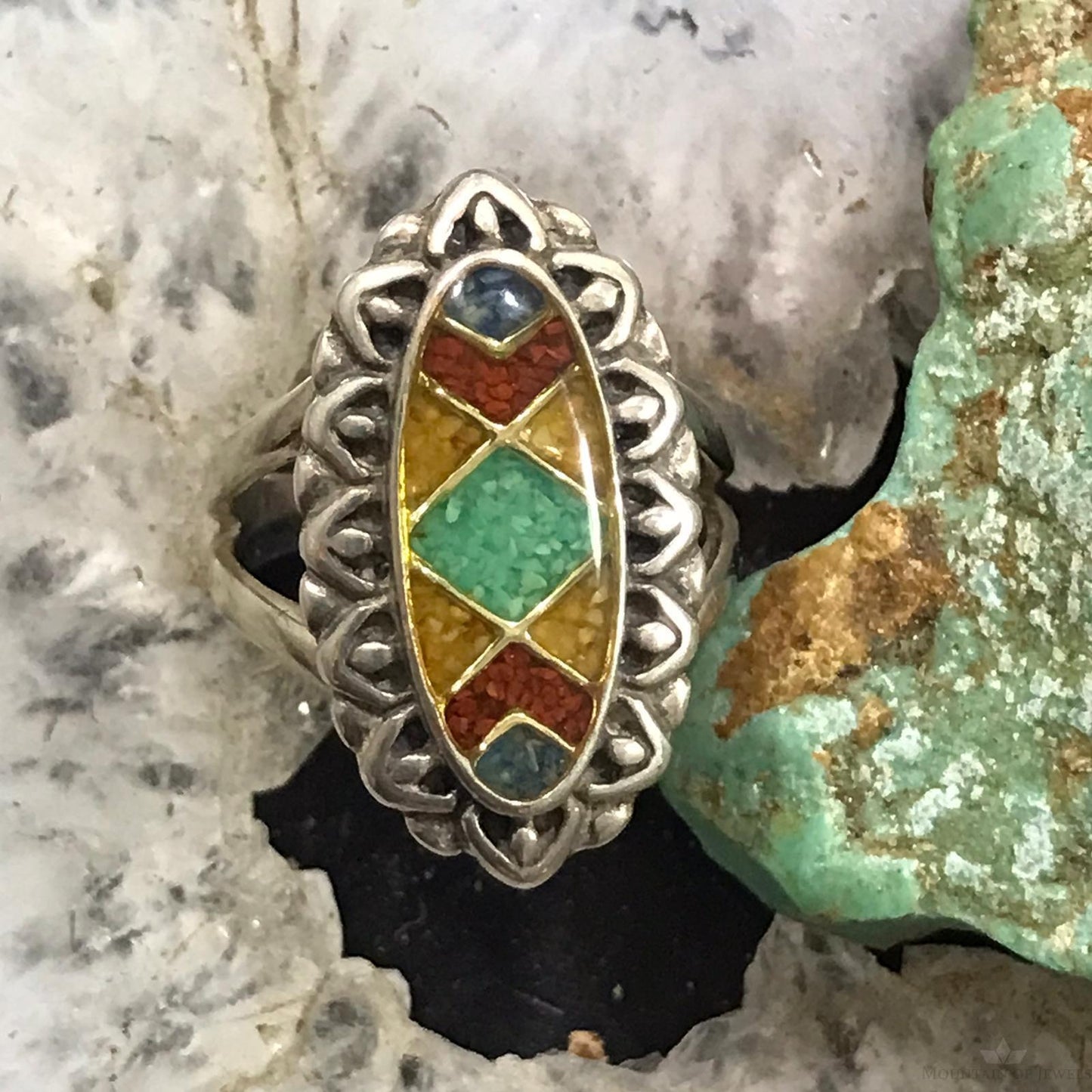 Carolyn Pollack Sterling Silver Elongated Oval Multistone Chip Inlay Ring Size 6 For Women