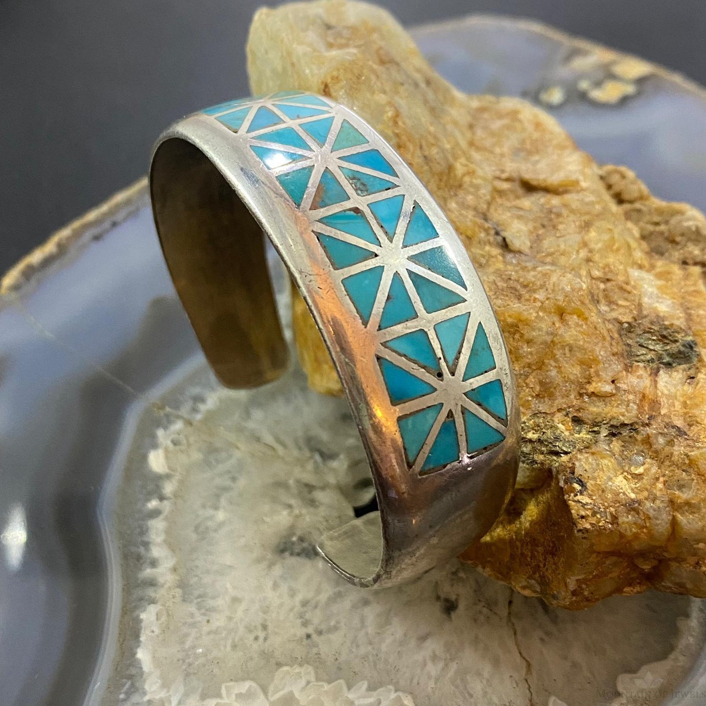Vintage Native American Silver Geometric Turquoise Inlay Bracelet For Women