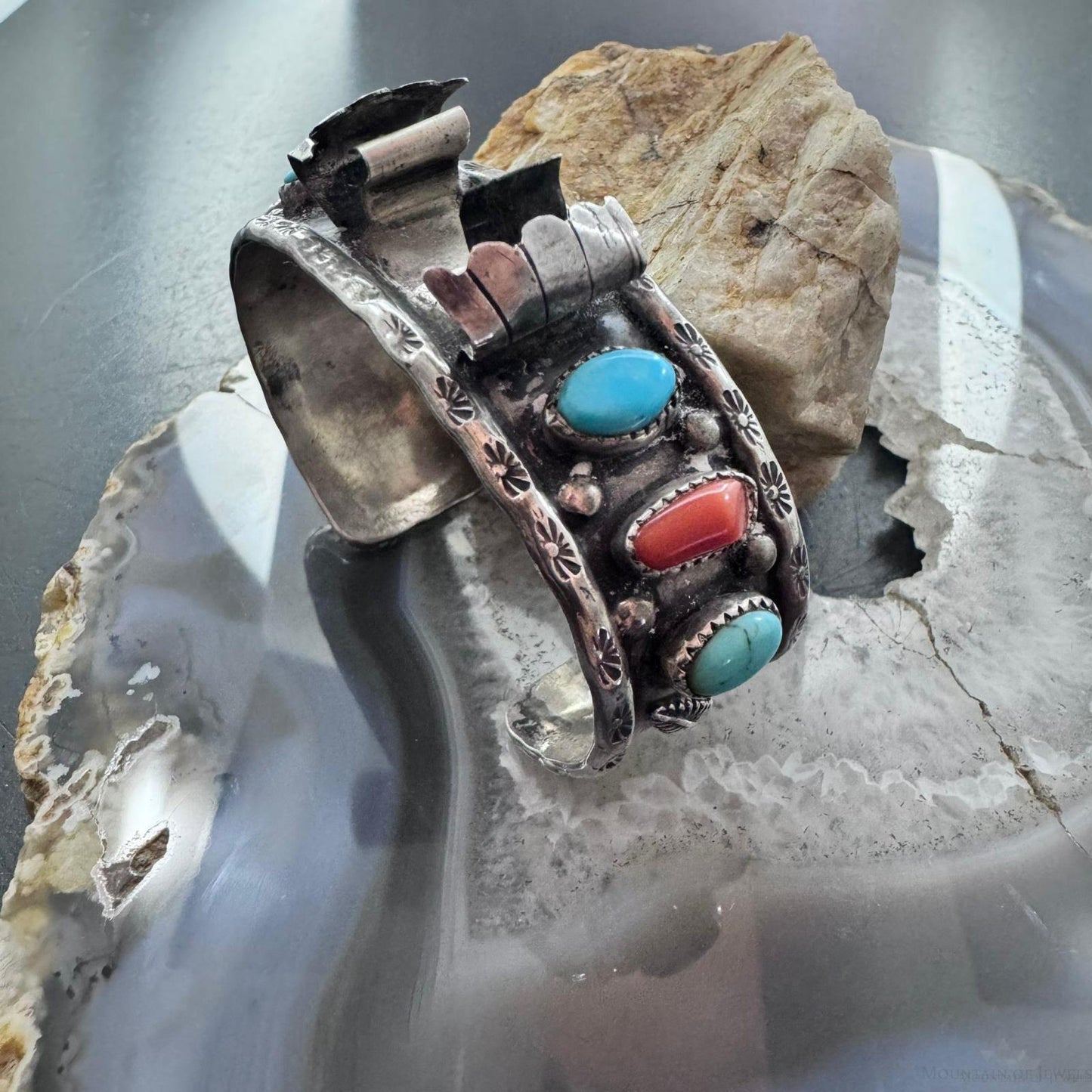 Vintage Signed Sterling Kingman Turquoise & Coral Decorated Watch Cuff For Women