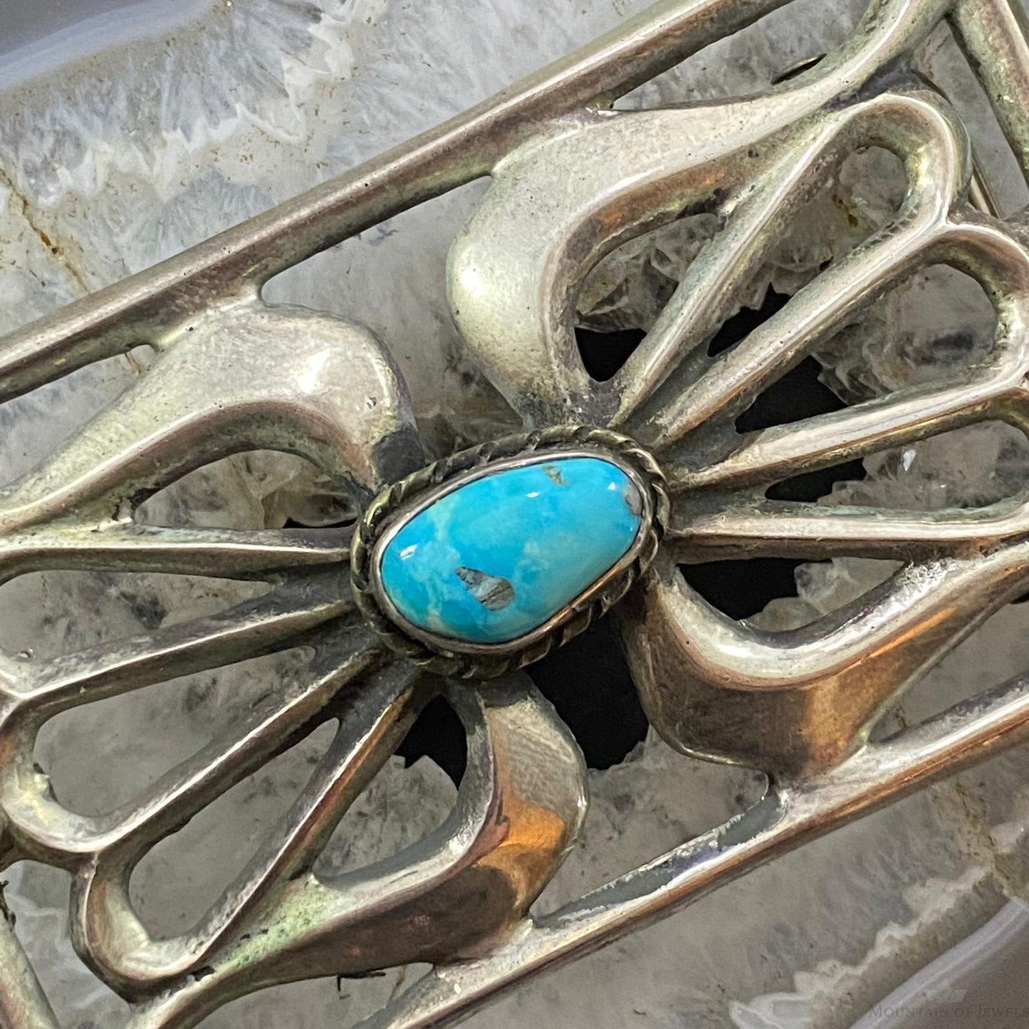 Signed Vintage Native American Silver Sandcast Kingman Turquoise Buckle For Men