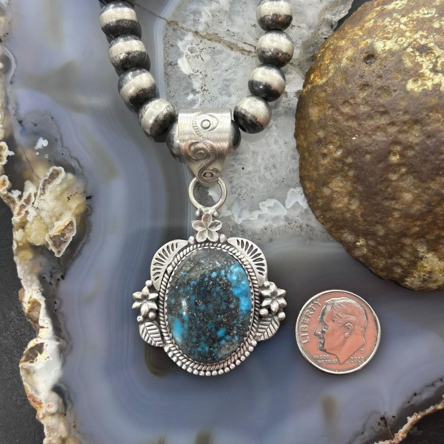 Sterling Silver Southwestern Style Oval Turquoise Decorated Pendant For Women