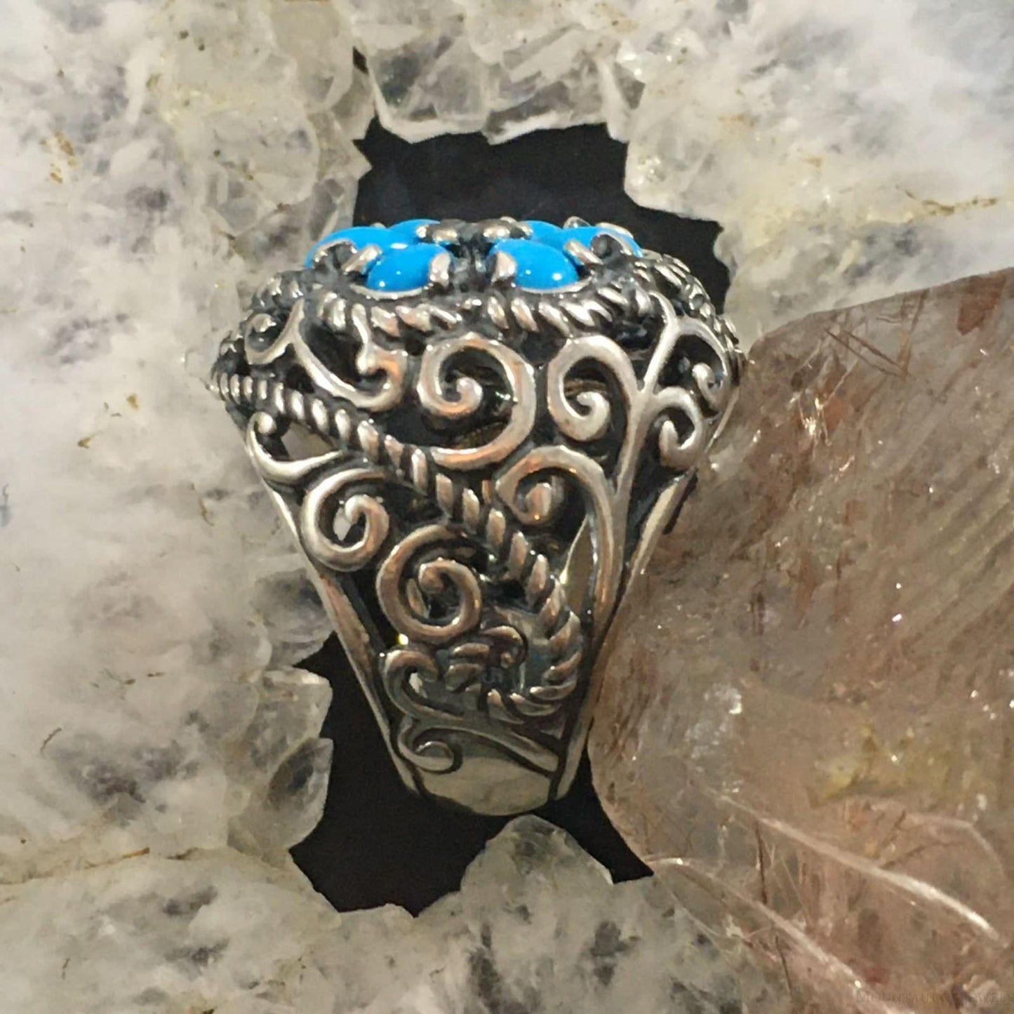 Carolyn Pollack Southwestern Style Sterling Silver 6 Turquoise Flower Ring For Women