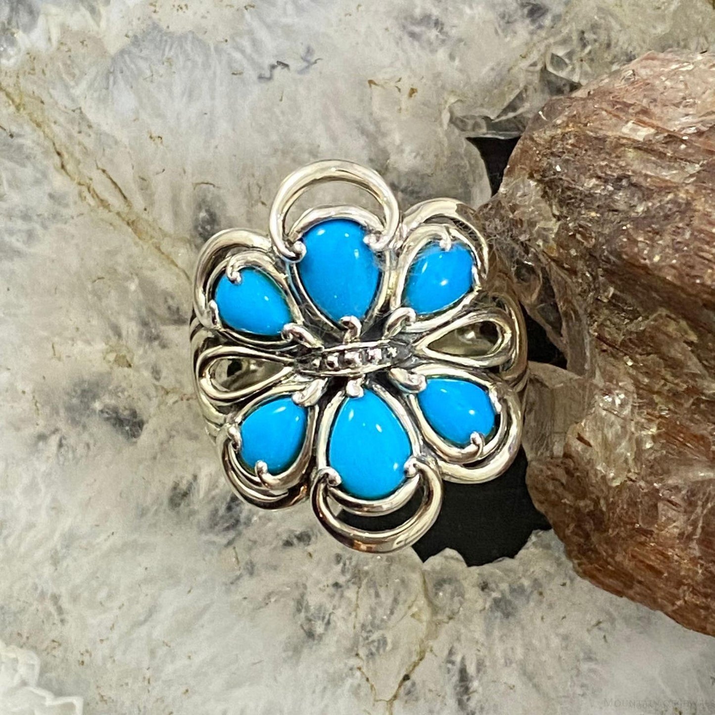 Carolyn Pollack Southwestern Style Sterling Silver Sleeping Beauty Turquoise Cluster Flower Ring For Women
