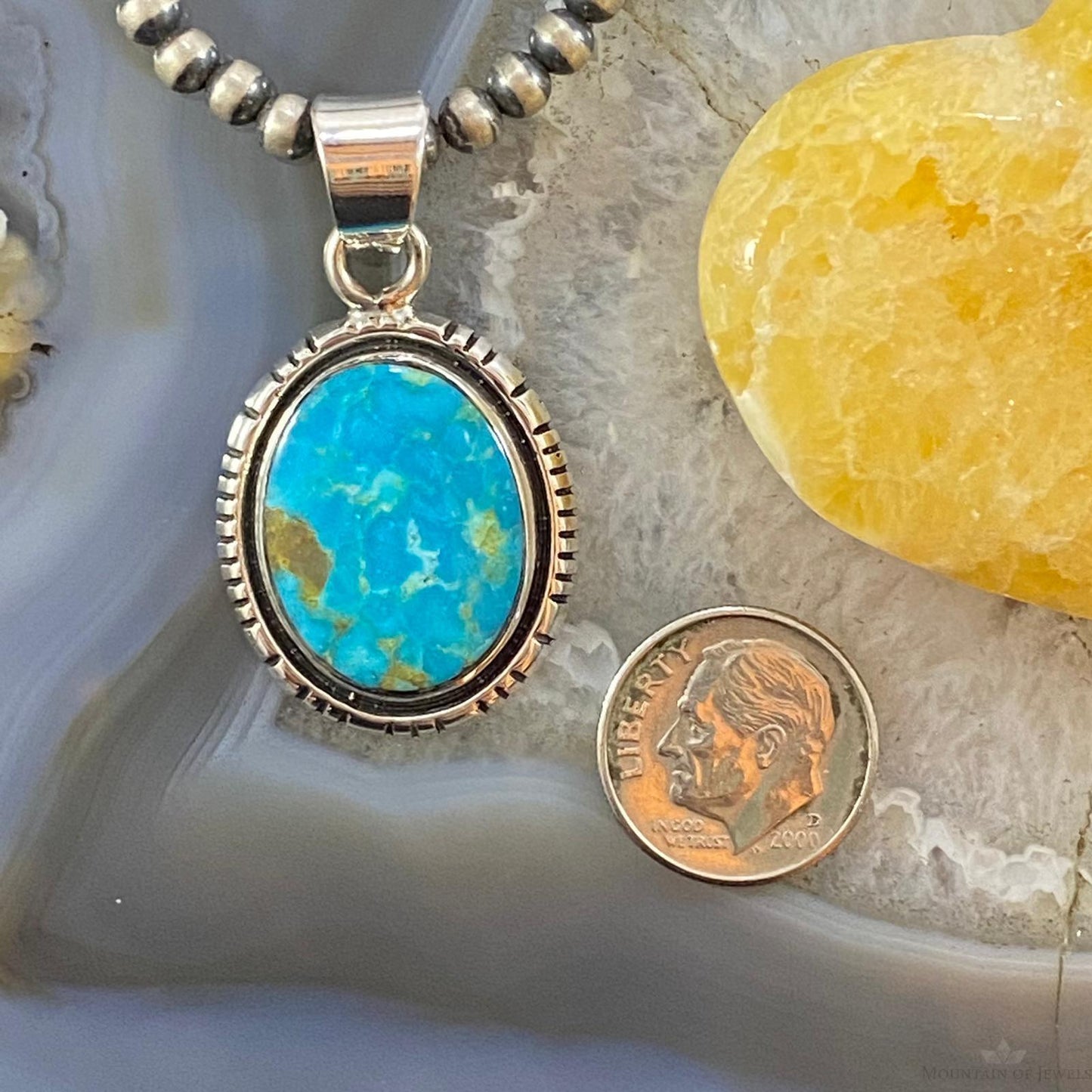 Native American Sterling Silver Blue Ridge Turquoise Oval Pendant For Women