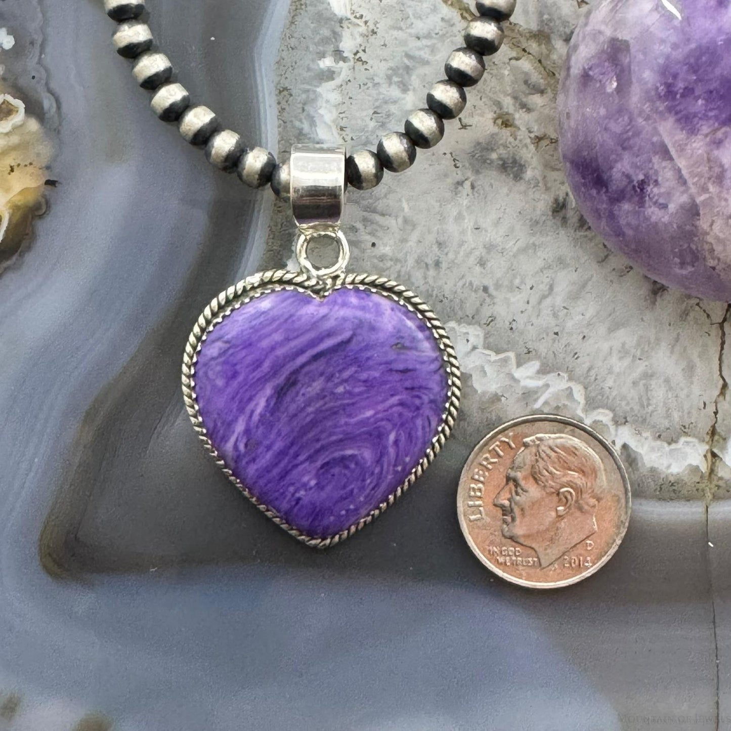 Sterling Silver Southwestern Style Charoite Heart Shape Pendant For Women