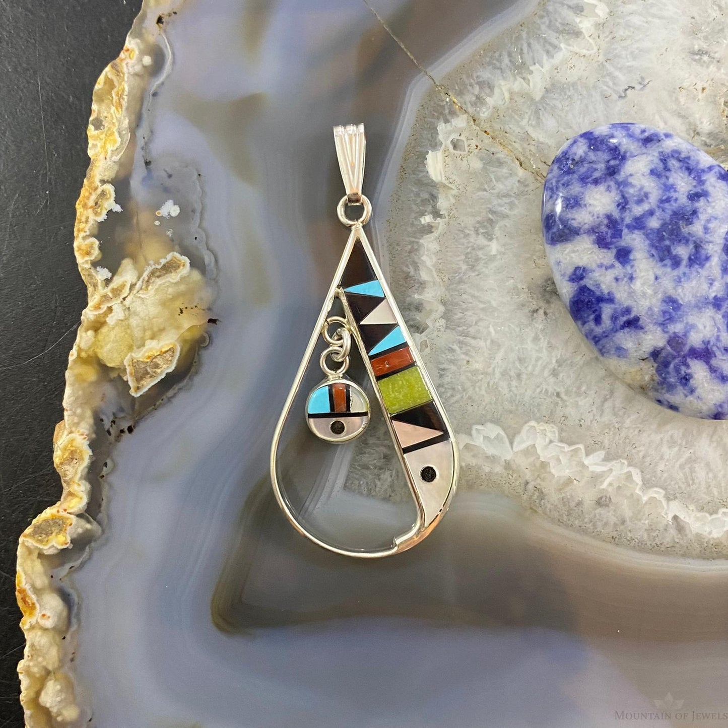 Sheryl Edaakie Zuni Sterling Silver Multistone Inlay Teardrop Pendant #1