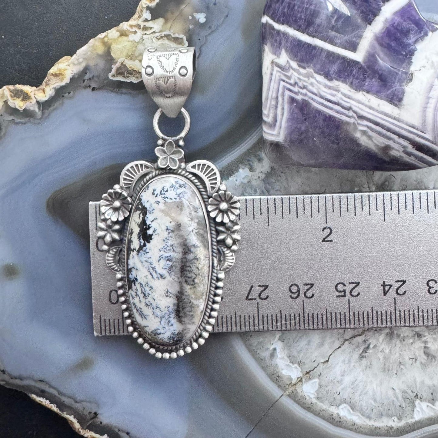 Sterling Silver Southwestern Style Elongated Oval Dendritic Agate Decorated Pendant For Women