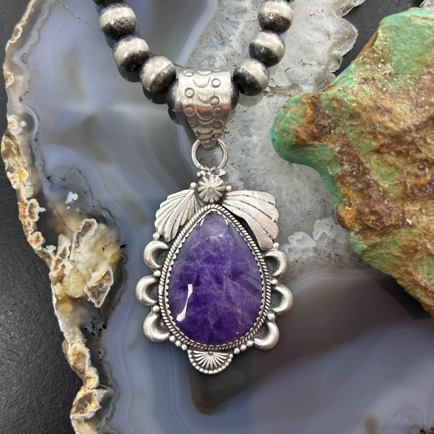 Sterling Silver Southwestern Style Teardrop Charoite Decorated Pendant For Women