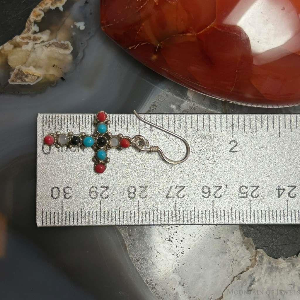 Sterling Silver Southwestern Style Multi-Stone Cross Dangle Earrings For Women