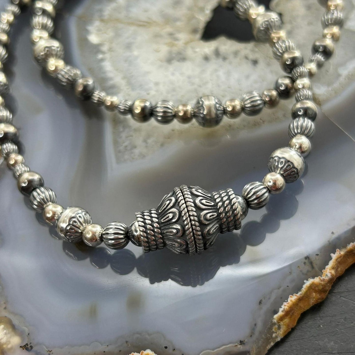 Carolyn Pollack Sterling Silver Decorated 3mm-8mm Graduated Beaded Necklace For Women