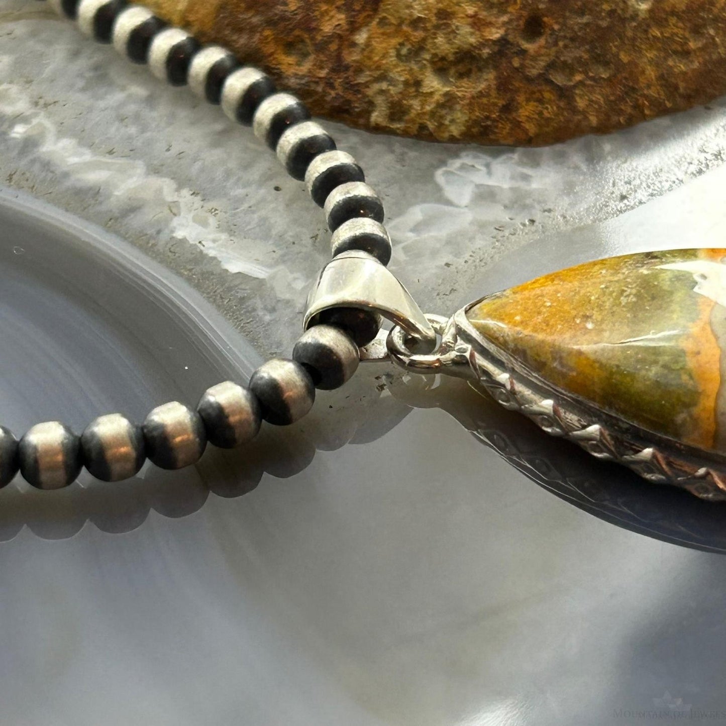 Sterling Southwestern Style Wide Teardrop Bumblebee Jasper Decorated Pendant
