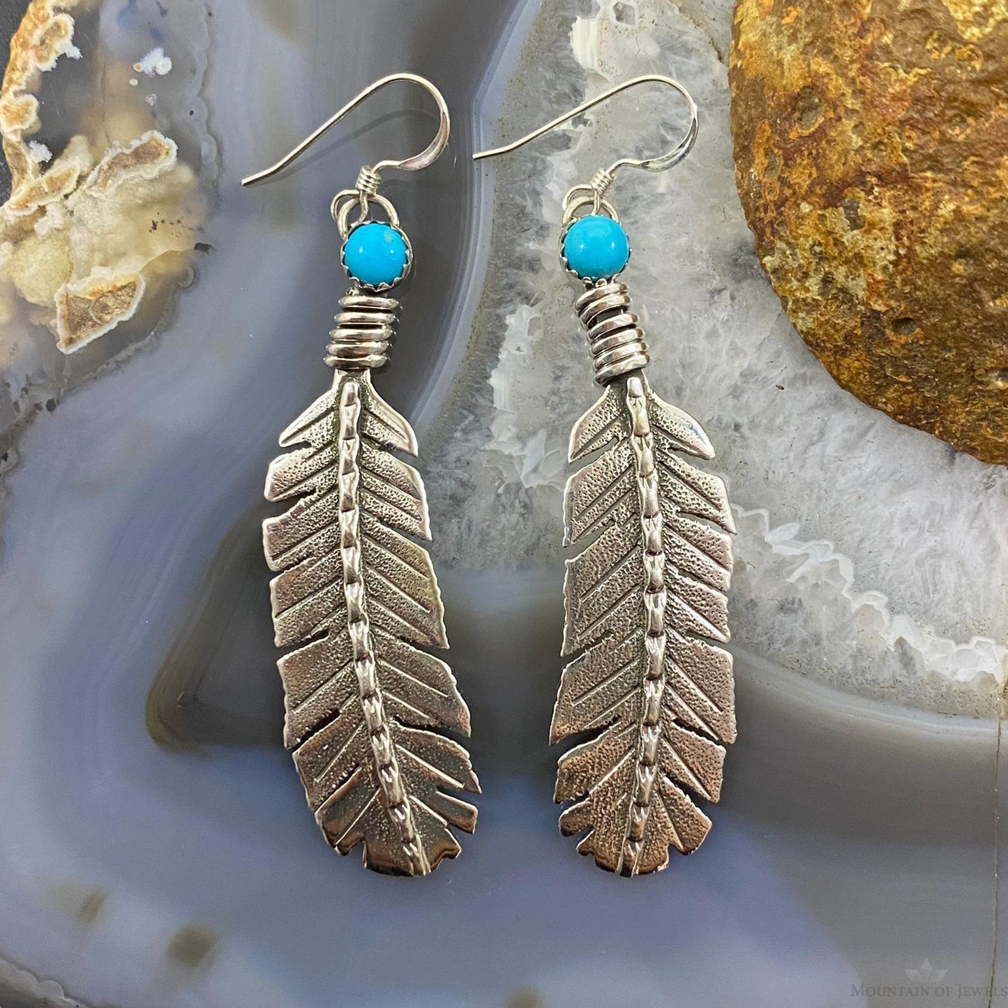 Brad Panteah Native American Sterling Long Feather w/Turquoise Dangle Earrings