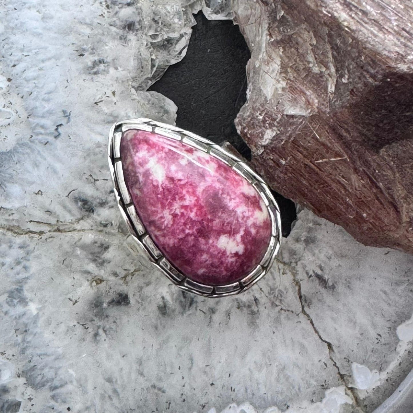Sterling Silver Southwestern Style Teardrop Thulite Decorated Ring Size 9.5 For Women