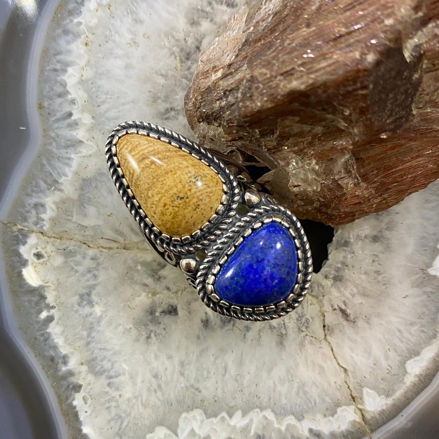 Carolyn Pollack Southwestern Style Sterling Silver Picture Jasper/Lapis Decorated Ring For Women