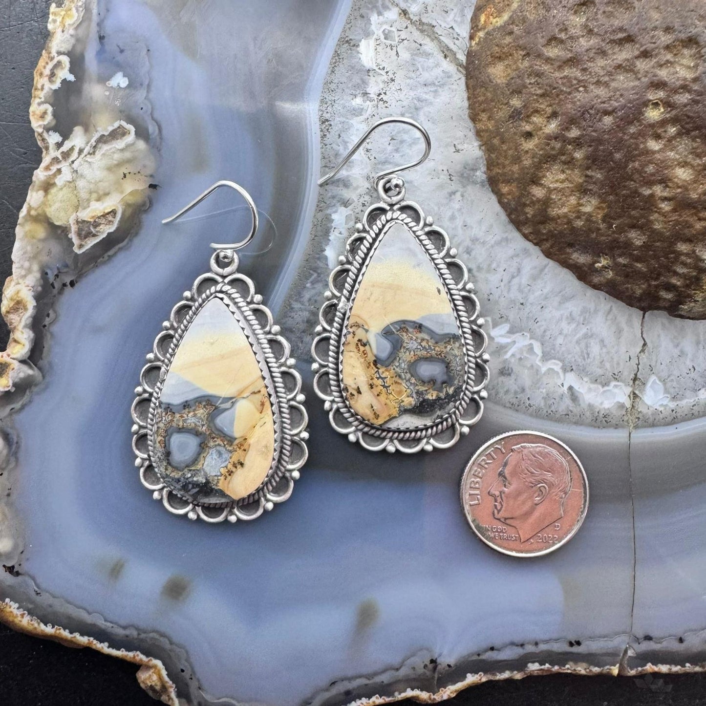 Sterling Silver Southwestern Style Teardrop Maligano Jasper Dangle Earrings For Women