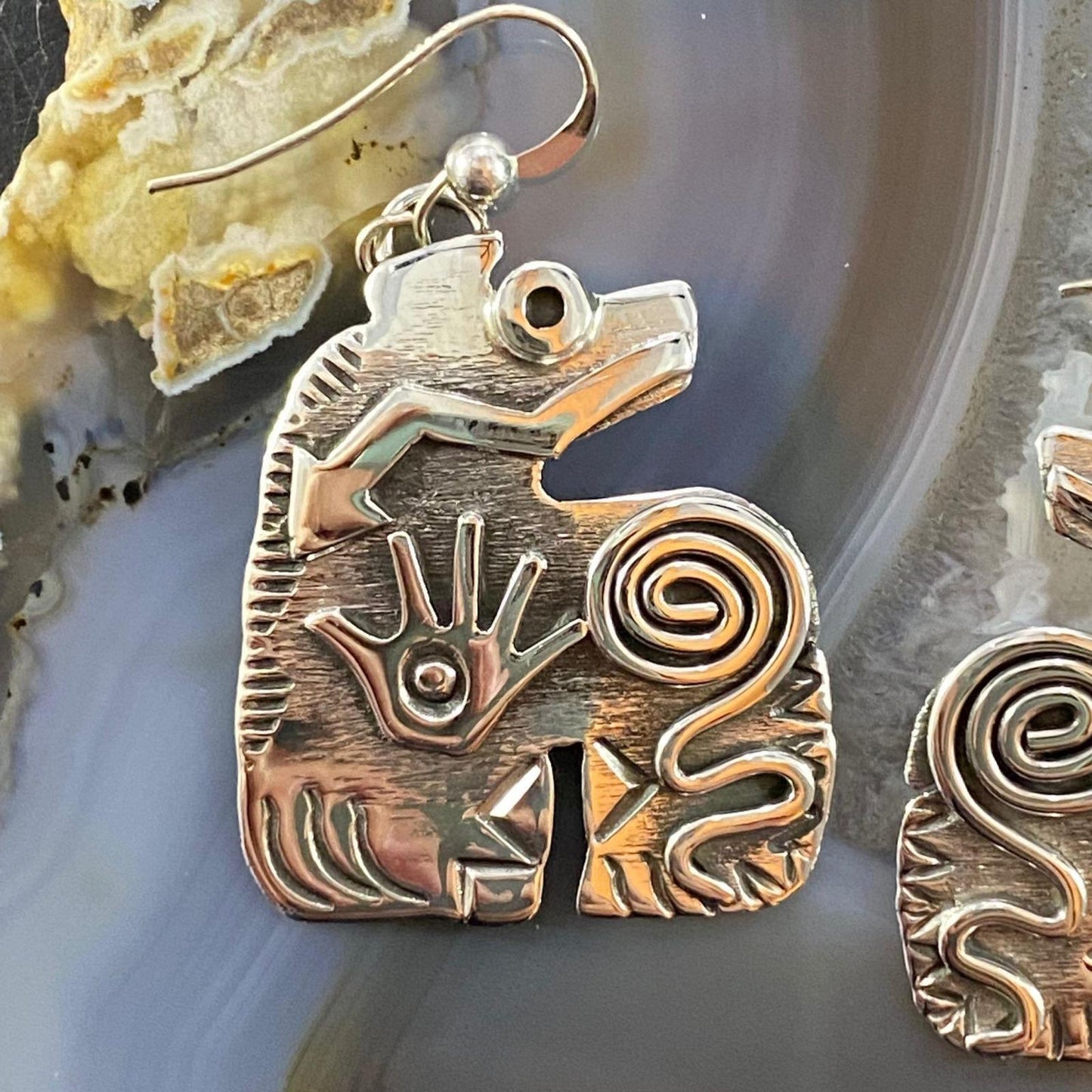Brad Panteah Sterling Spirit Bear w/Petroglyph Symbols Dangle Earrings For Women