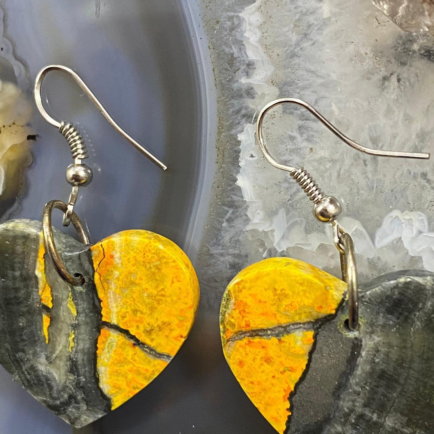 Sterling Silver Heart Shape Bumblebee Jasper Slab Dangle Earrings For Women #1