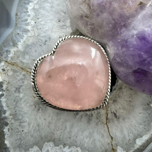 Sterling Silver Southwestern Style Pink Quartz Heart Ring For Women