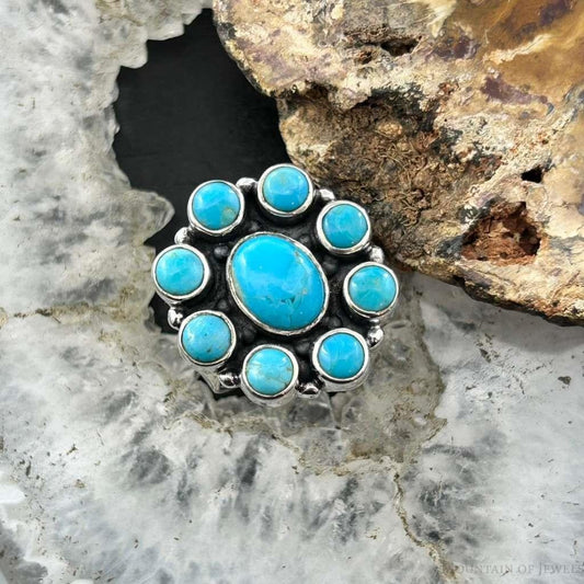 Sterling Silver Southwestern Style Mohave Turquoise Cluster Ring Size 7 For Women