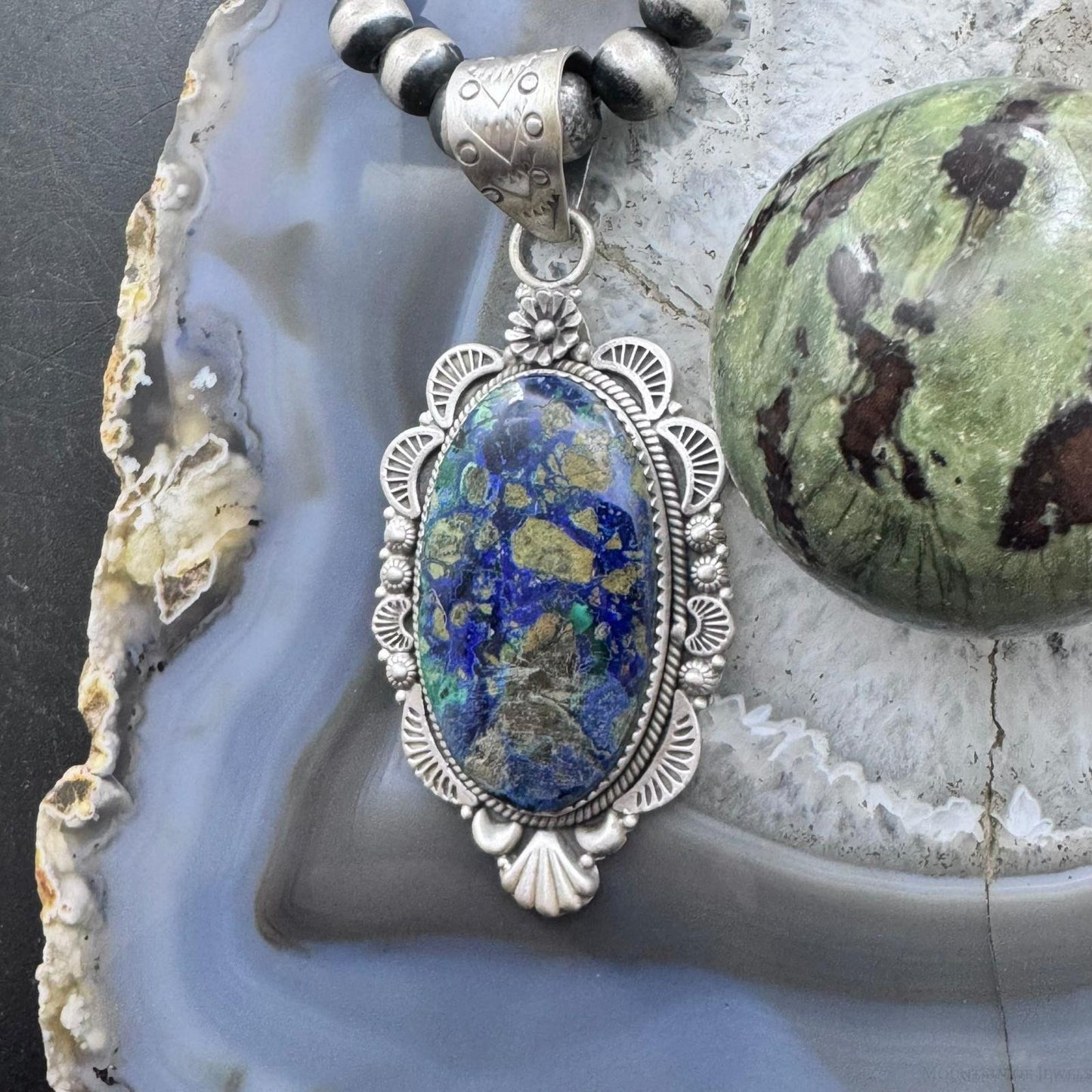Sterling Silver Southwestern Style Elongated Oval Chrysocolla Decorated Pendant For Women