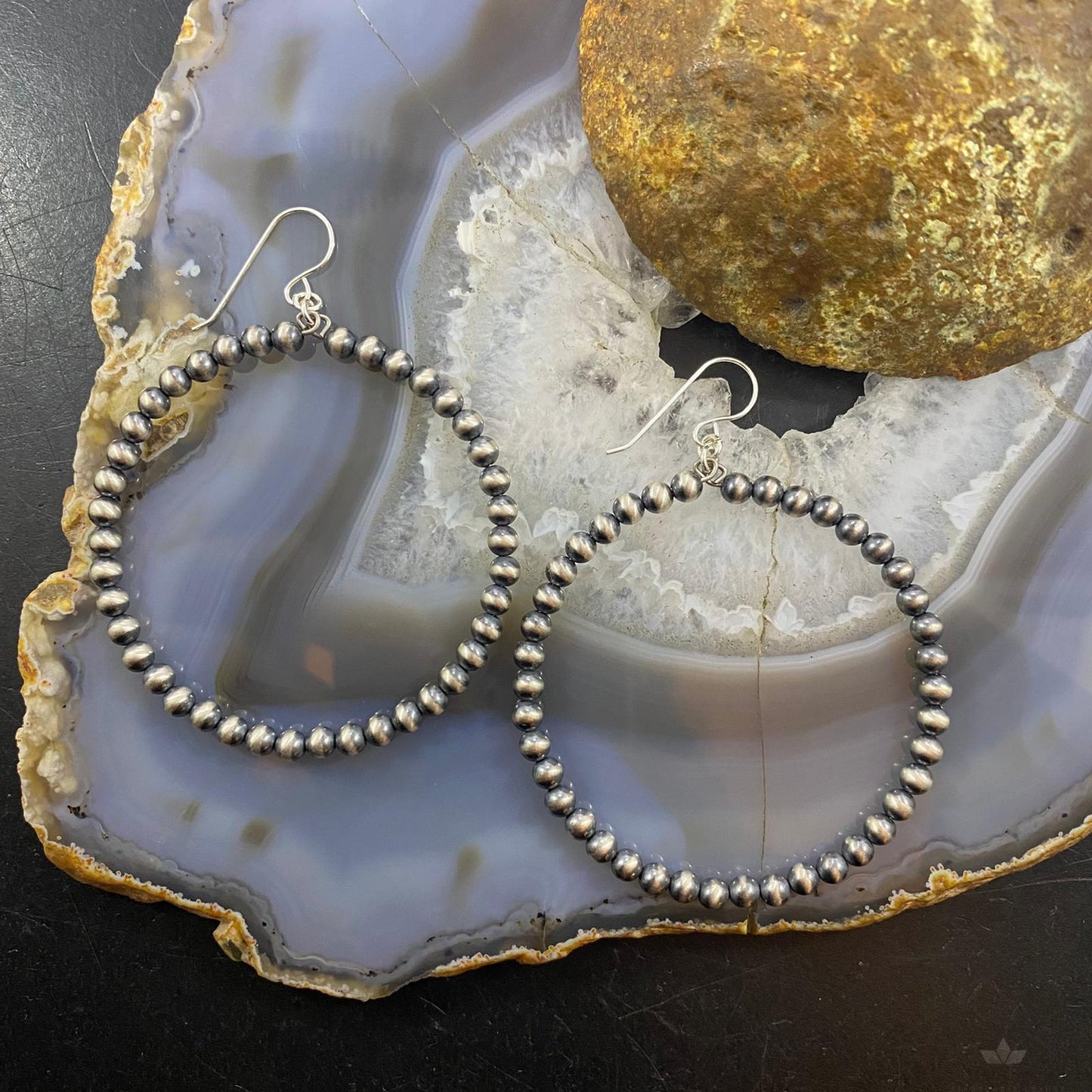 Native American Sterling Silver Navajo Pearl Beads 4mm Hoop Dangle Earrings