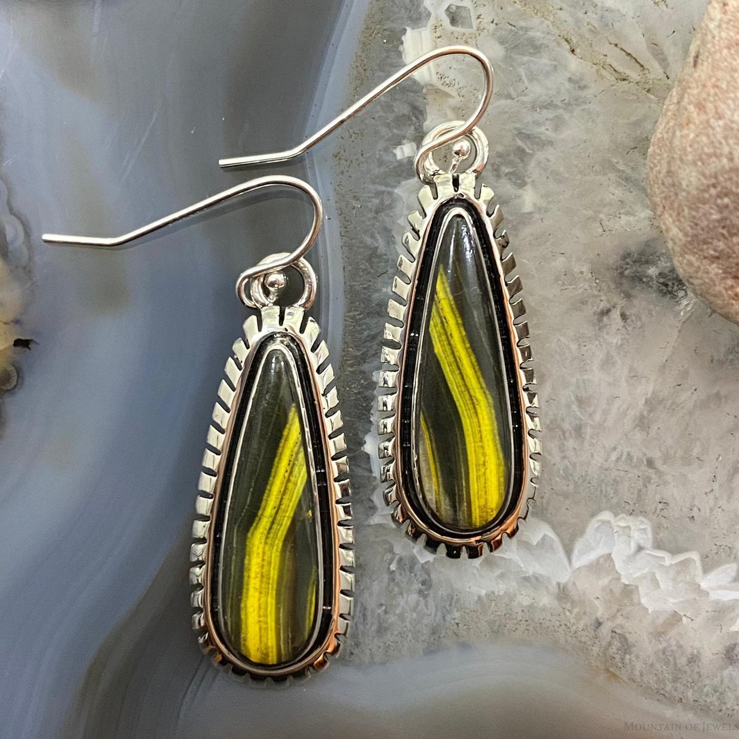 Native American Sterling Silver Teardrop Unique Bumblebee Jasper Dangle Earrings