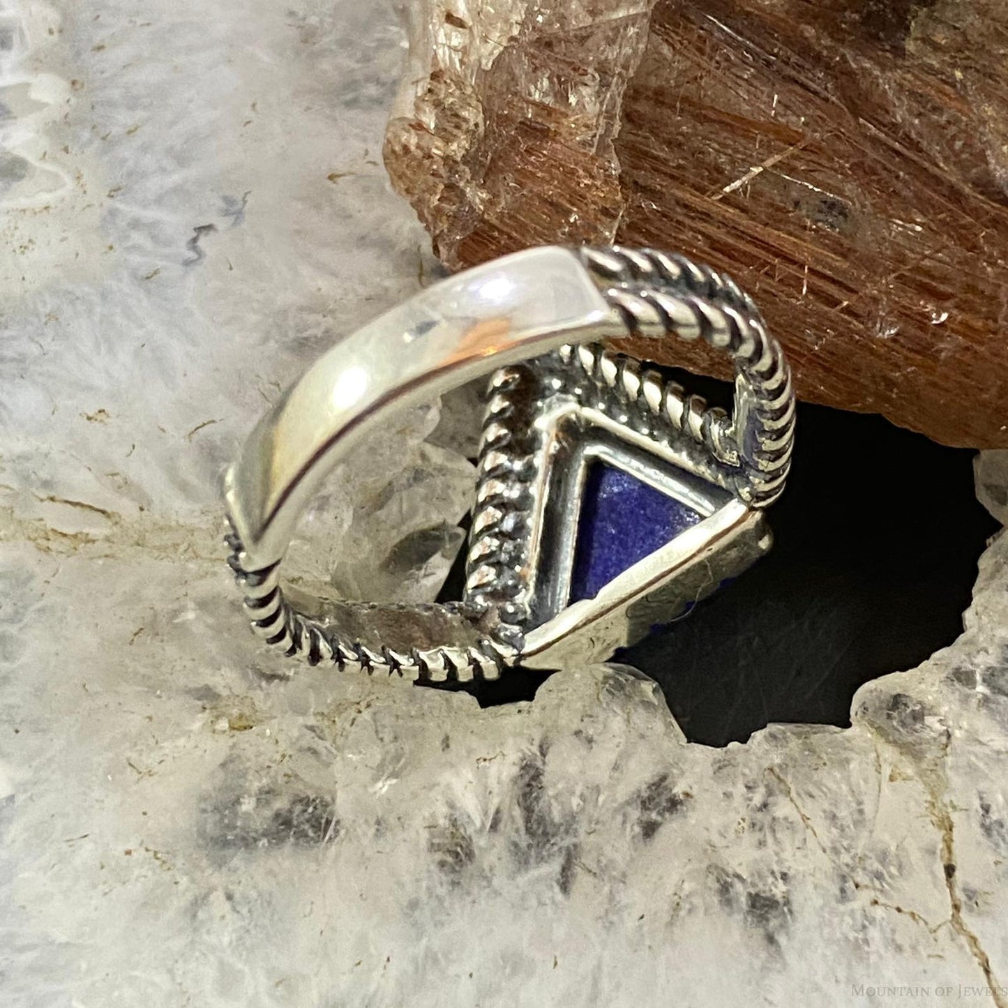 Carolyn Pollack Southwestern Style Sterling Silver Triangle Lapis Lazuli Decorated Ring For Women