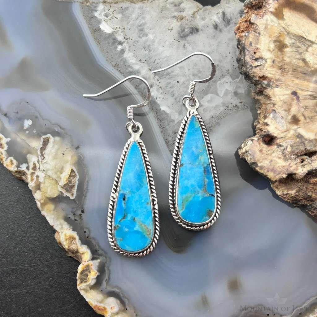 Sterling Silver Southwestern Style Teardrop Mojave Turquoise Dangle Earrings For Women
