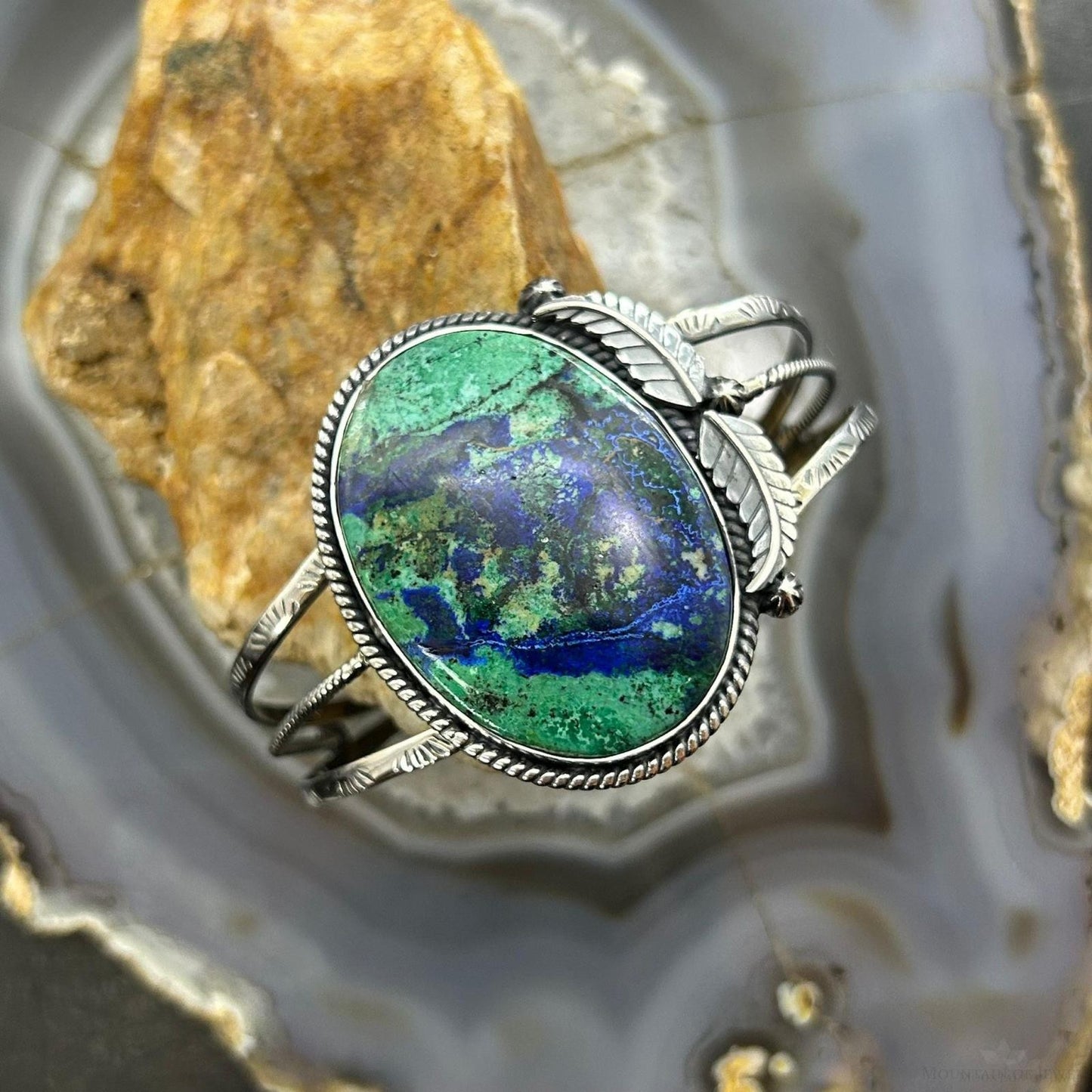 Sterling Silver Southwestern Style Oval Azurite Decorated Bracelet For Women