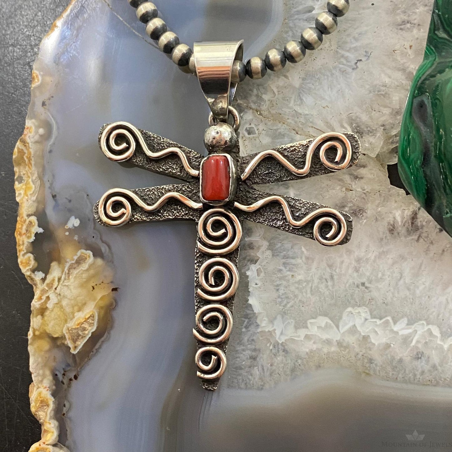 Alex Sanchez Sterling Silver Petroglyph & Coral Dragonfly Unisex Pendant #4